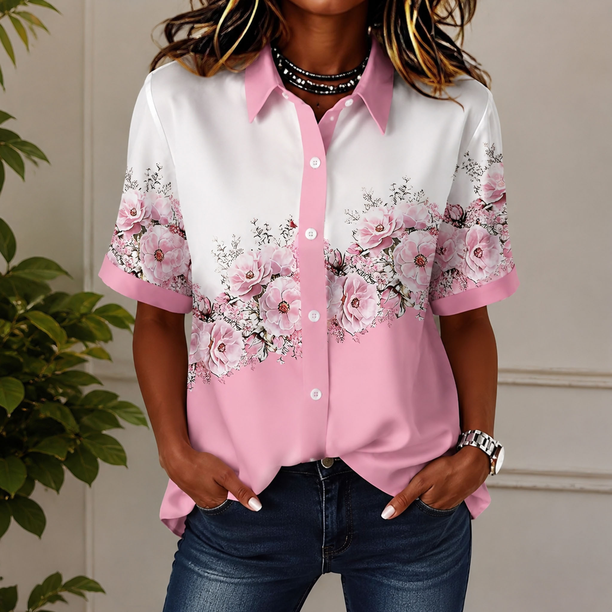 Women Pink Rose Floral Color Block Short Sleeve Button Down Shirts, Lightweight Polyester Lapel Collar Pocket Blouses, Casual Loose Fit Summer Printed Tops