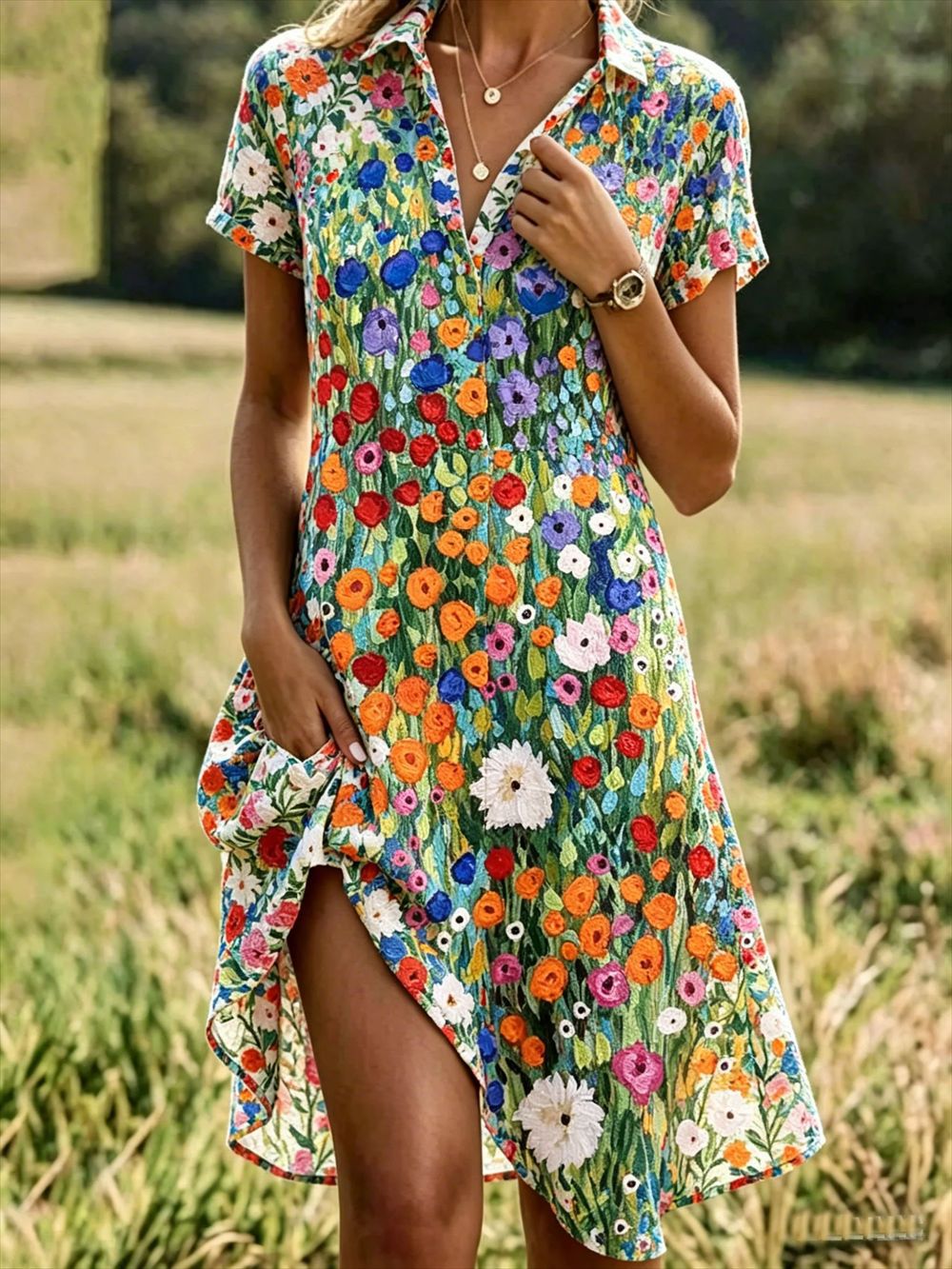 Women’s Floral Print Shirt Dress – Lightweight Polyester Summer Casual Midi Dress with Button Front