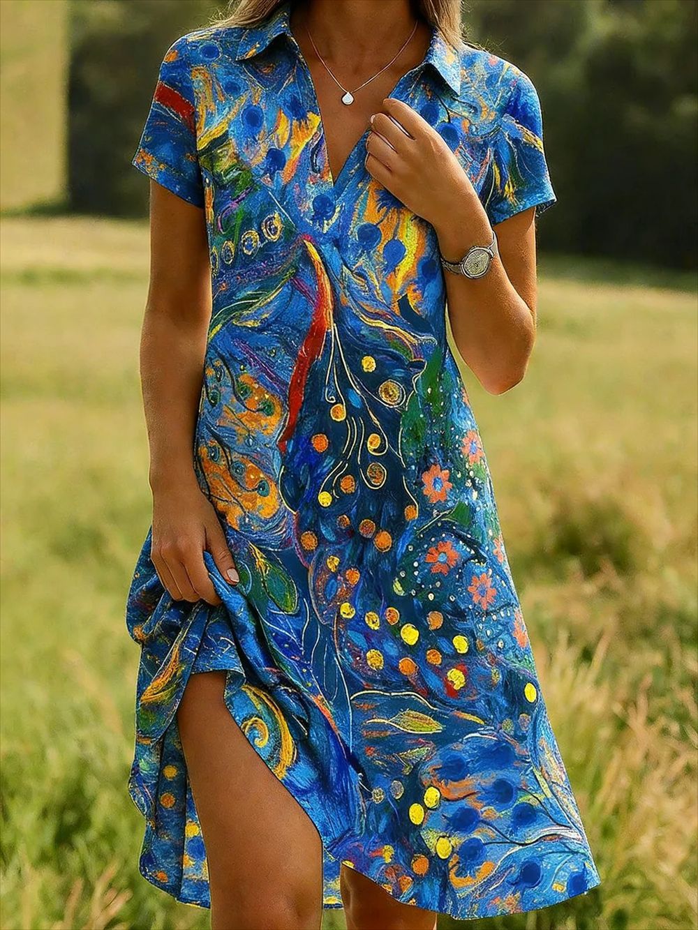 Women’s Abstract Blue Print Summer Dress – Lightweight Polyester Casual Shirt Dress, Buttonless Design