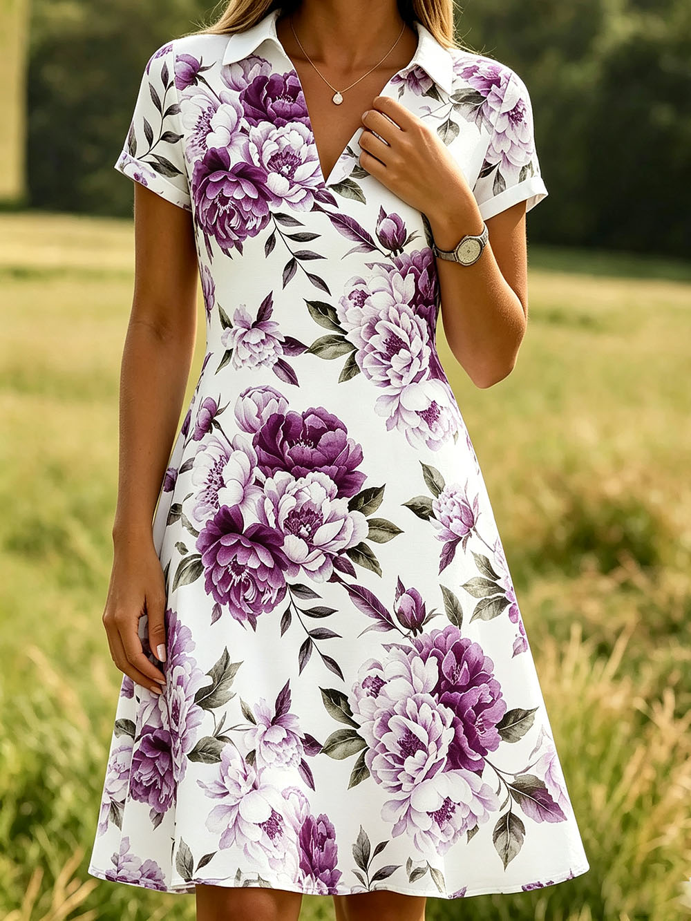 Women’s Short Sleeve Collared V Neck Midi Dress, Lightweight Polyester Purple Peony Floral Print A Line Flowy Summer Dress for Vacation Countryside