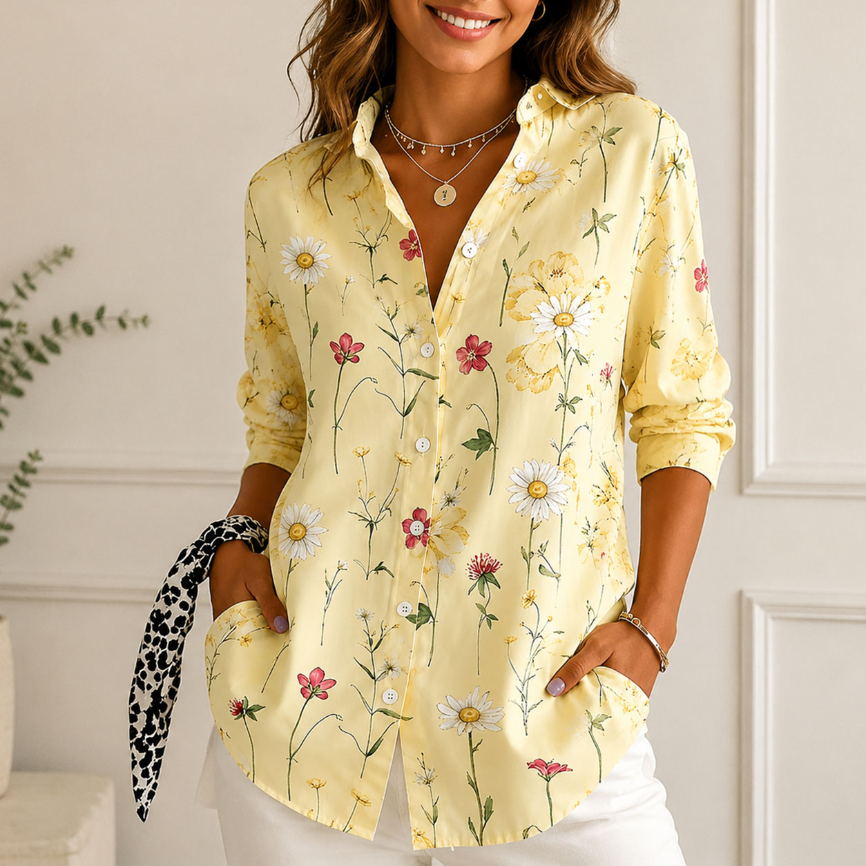 Women’s Floral Print Button Down Shirt Yellow Botanical Blouse Long Sleeve Casual Loose Fit Top Lightweight Vintage Inspired Shirt for Women