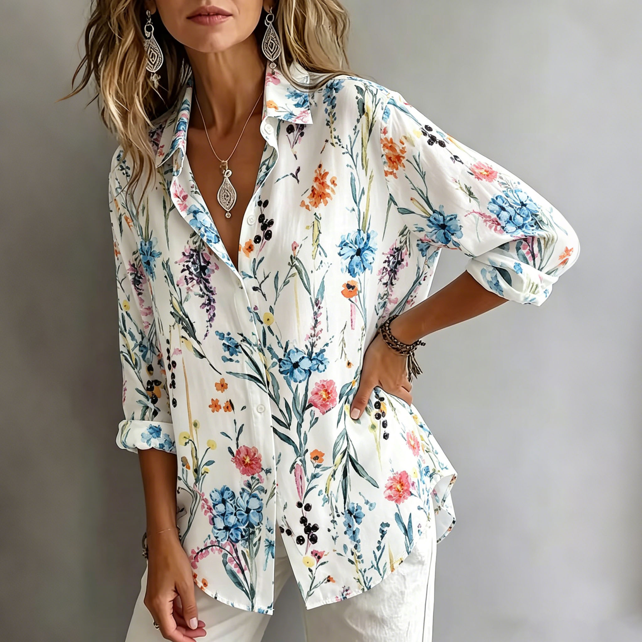 Women’s Floral Print Button Down Shirt – Lightweight Casual Long Sleeve Blouse with Soft Polyester Fabric