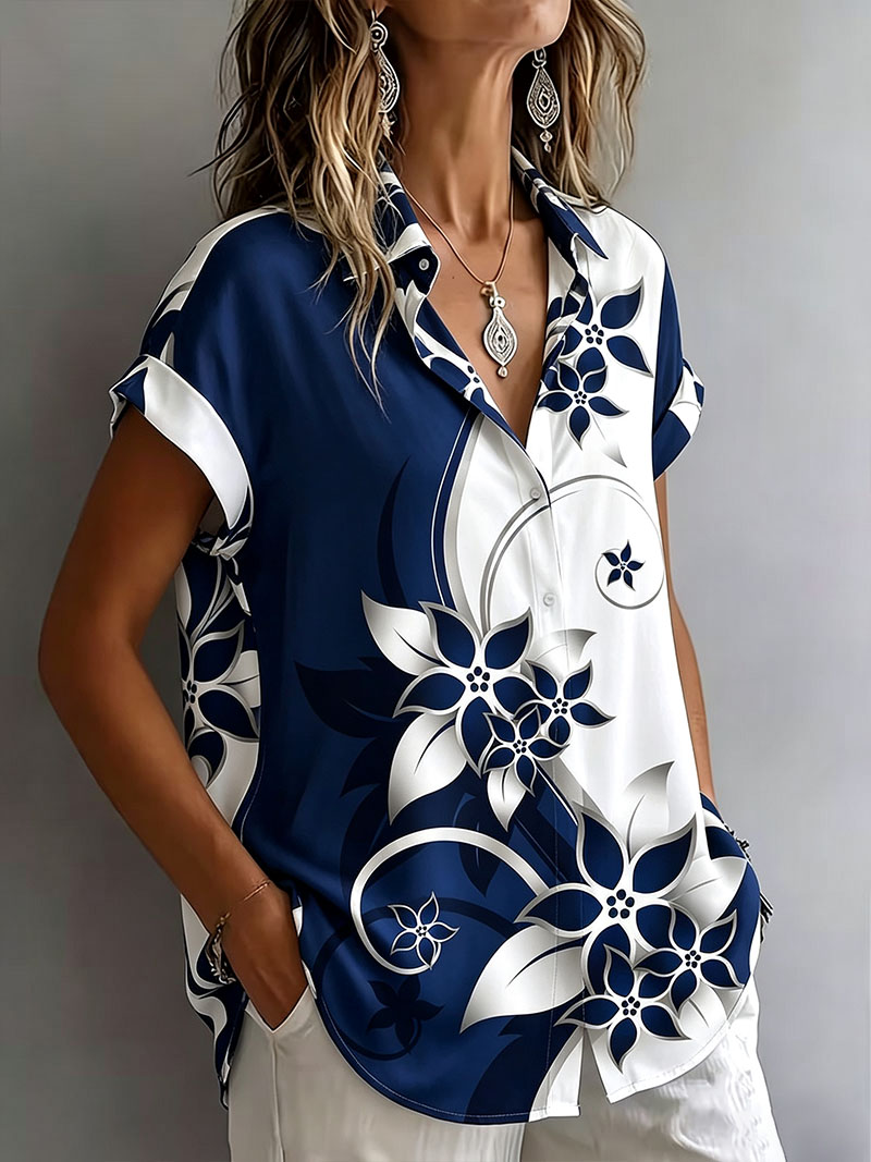 Women’s Blue & White Floral Print Button Down Shirt – Elegant Short Sleeve Casual Blouse with Lightweight Polyester Fabric