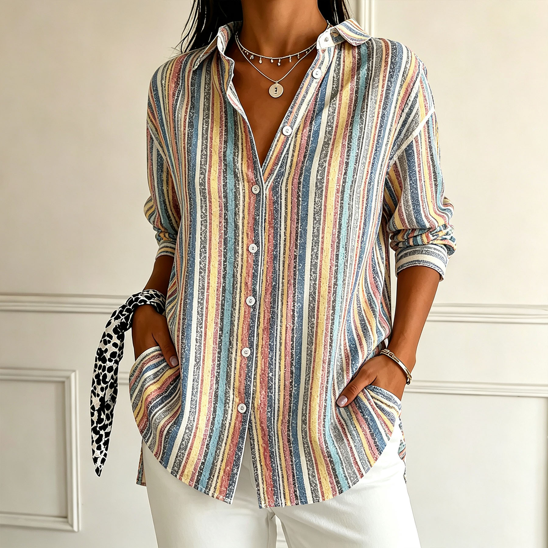 Women's Long Sleeve Striped Button Down Shirt – Casual Collared Blouse with Relaxed Fit