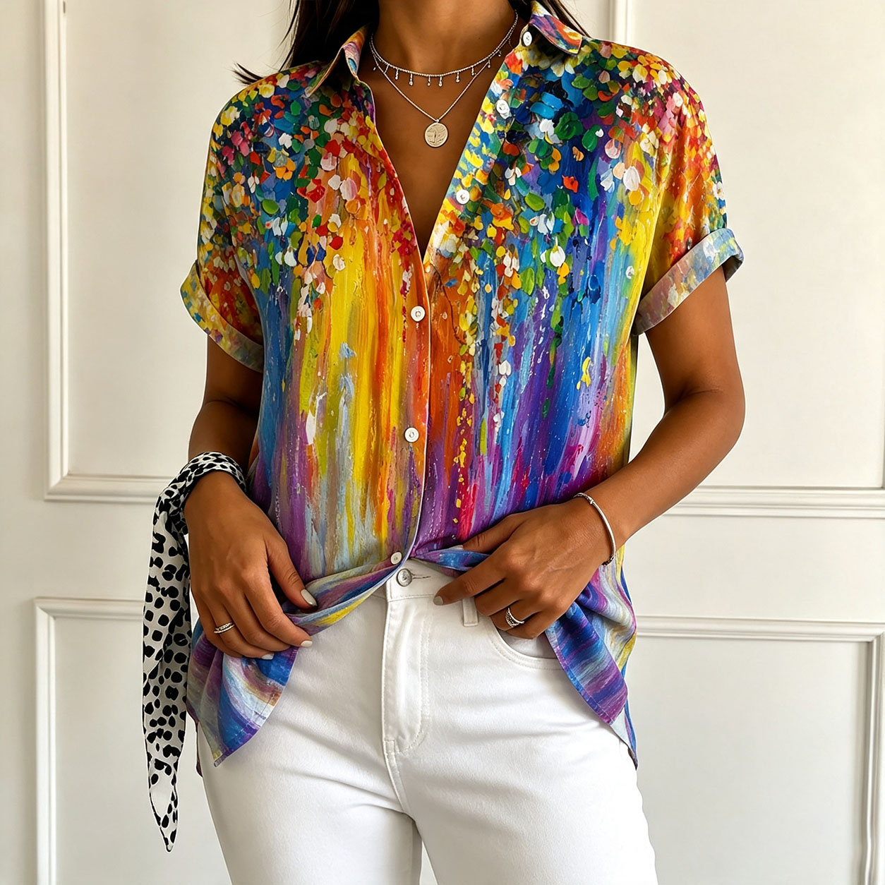 Women's Abstract Colorful Print Button Down Shirt Short Sleeve Graphic Blouse Lightweight Polyester Casual Loose Fit Artistic Tops for Vacation Summer Wear