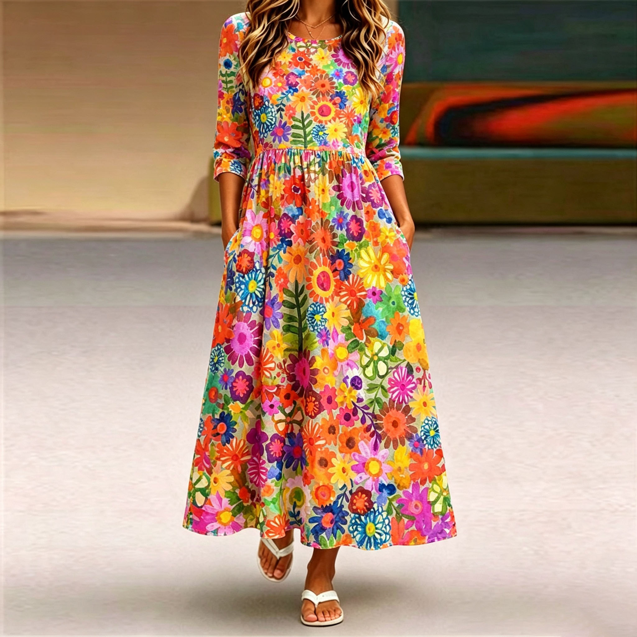 Women's Floral Midi Dress  Casual A Line Long Dress with Pockets Elegant Boho Summer Dress for Women-gemscharms