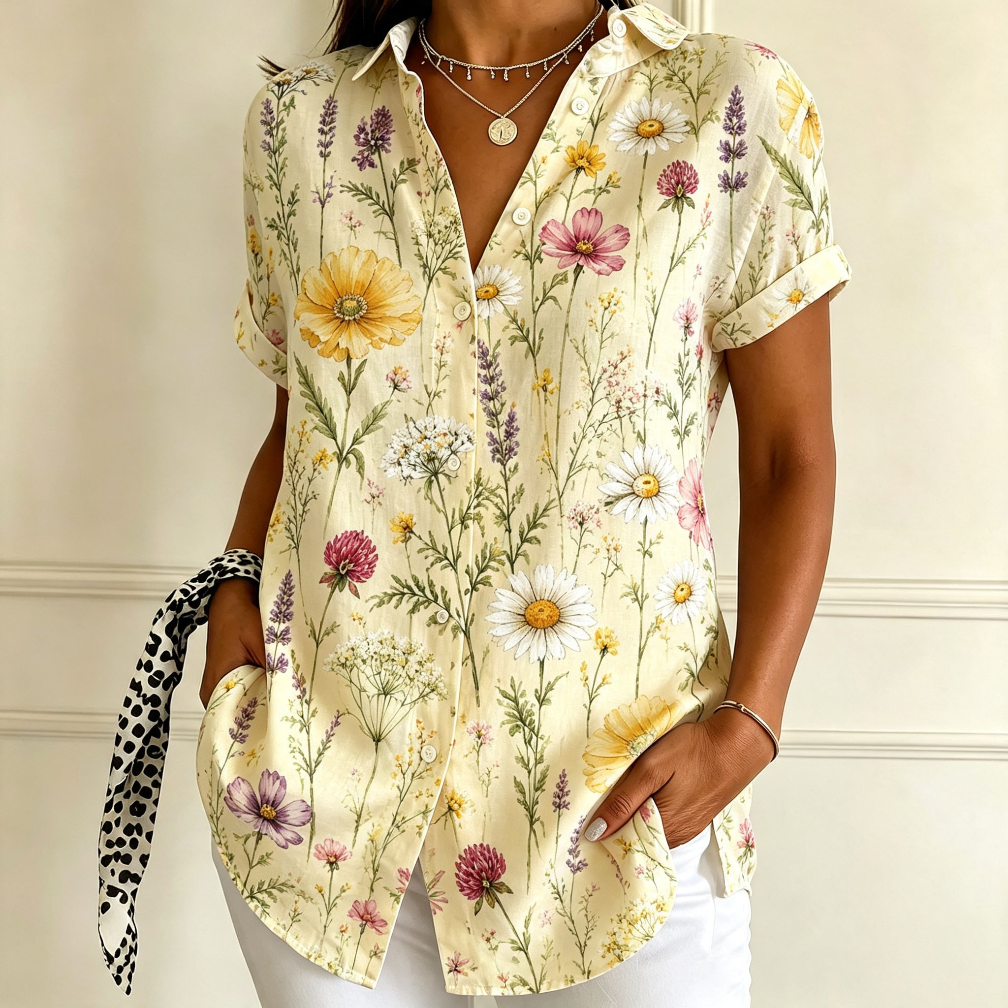Women's Botanical Floral Print Button Down Shirt – Vintage Garden Short Sleeve Blouse with Lightweight Polyester Fabric