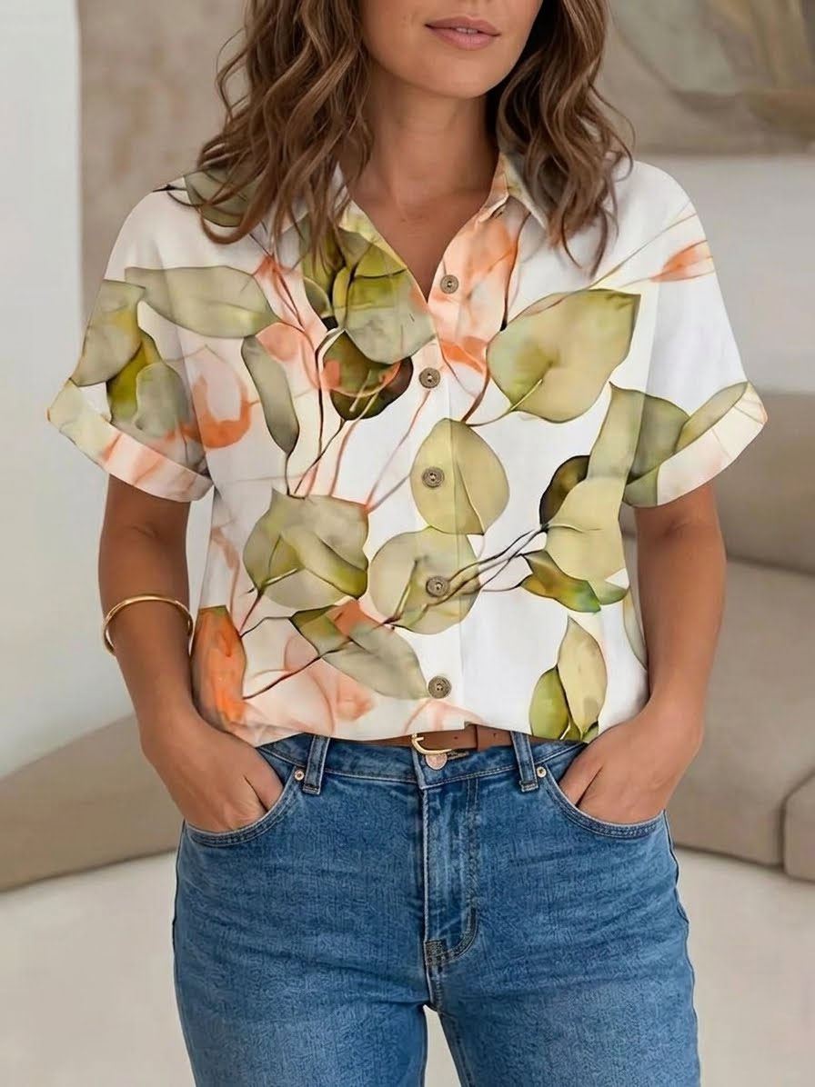 Women's Leaf Print Button Down Shirt – Short Sleeve Floral Blouse, Lightweight Polyester Casual Top for Summer Vacation