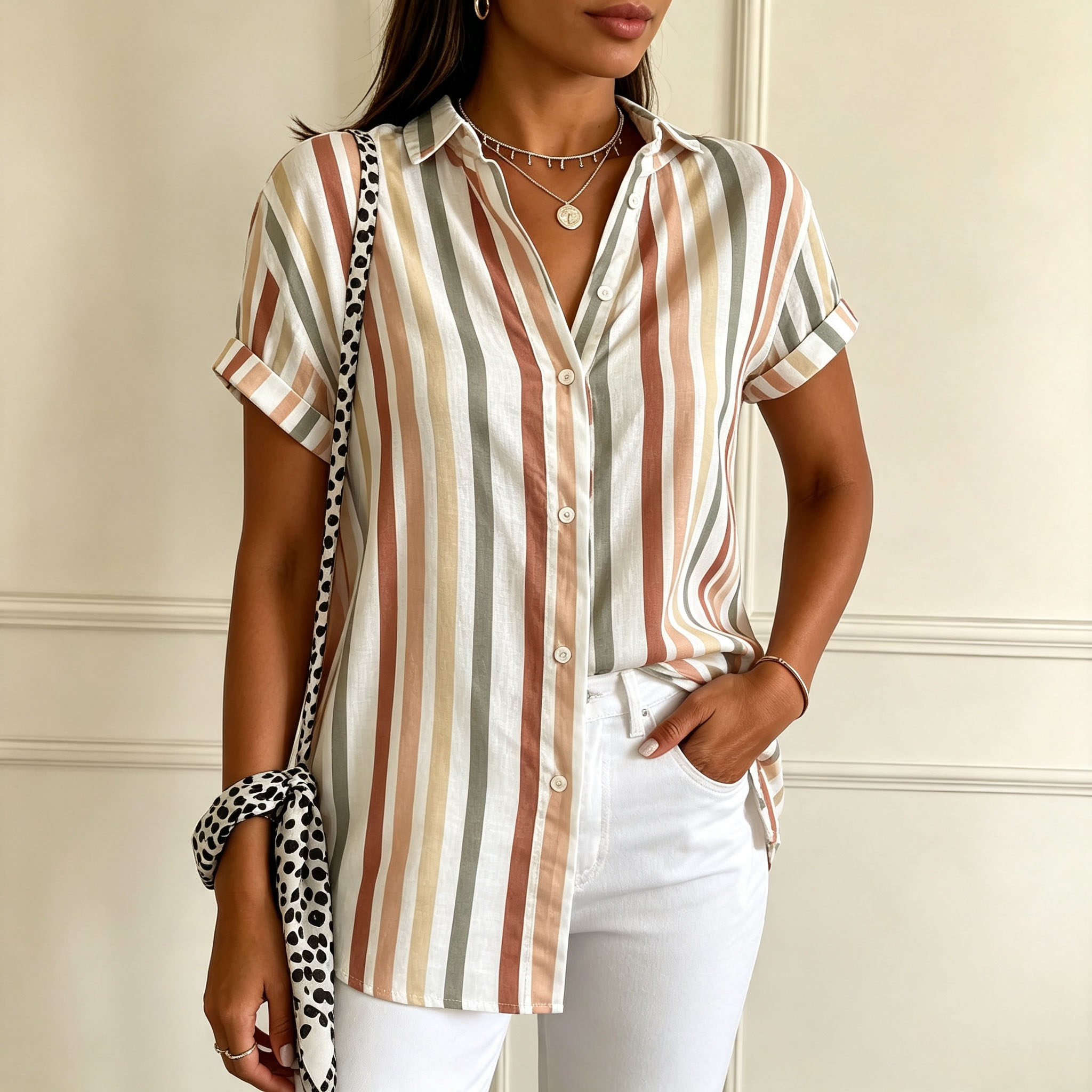 Women's Striped Button Down Shirt – Elegant Vertical Stripe Short Sleeve Blouse with Lightweight Polyester Fabric