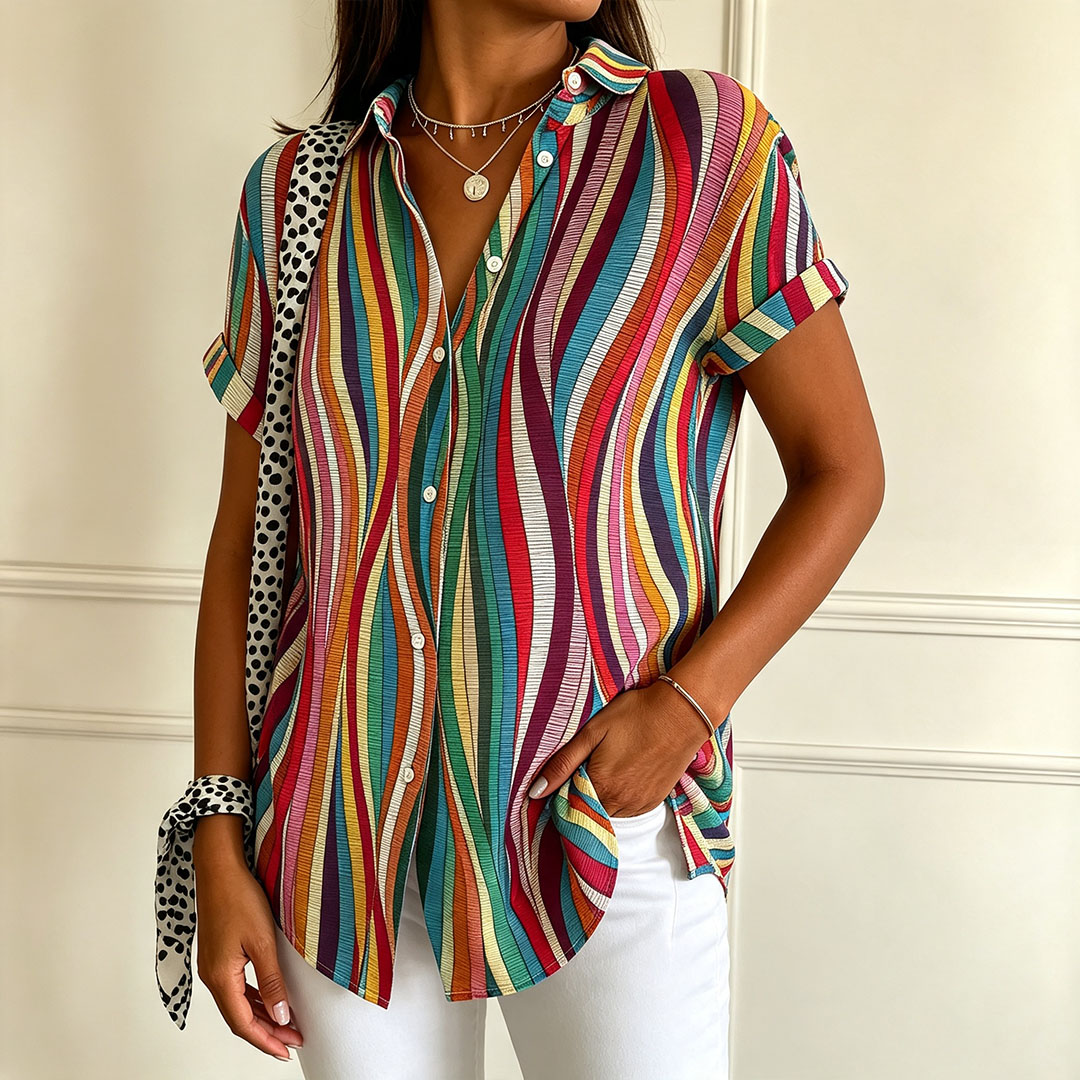 Women’s Colorful Striped Button Down Shirt – Abstract Wave Print Short Sleeve Blouse, Casual Summer Vacation Top
