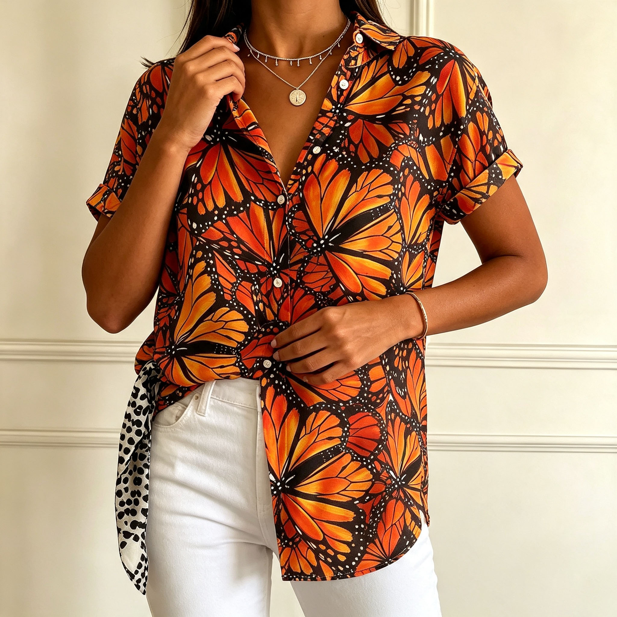 Women's Butterfly Print Button Down Shirt – Short Sleeve Casual Blouse, Lightweight Polyester Summer Fashion Top