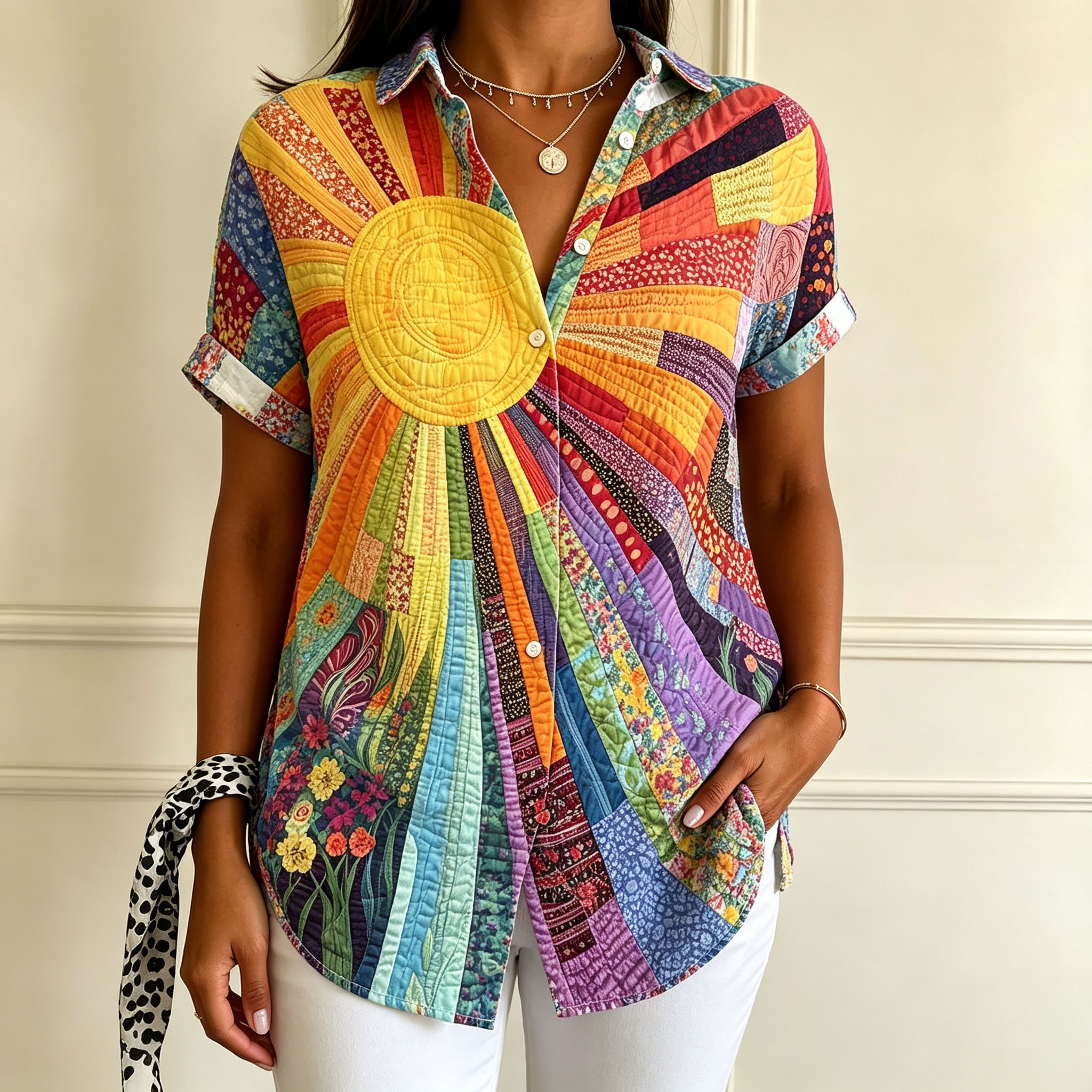 Women’s Colorful Patchwork Print Button Down Shirt – Short Sleeve Casual Blouse with Artistic Boho Pattern, Lightweight Polyester Tops for Women, Summer Vacation Casual Wear
