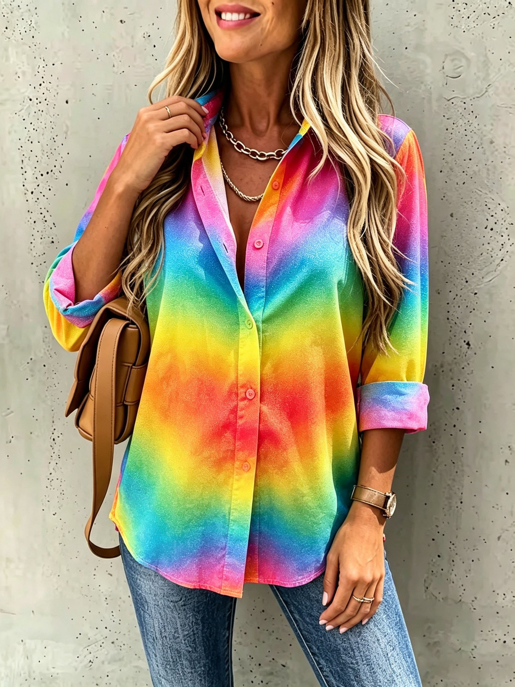 Women's Rainbow Gradient Button Down Shirt Casual Long Sleeve Blouse Colorful Printed Loose Fit Tops Beach Vacation Shirt-gemscharms