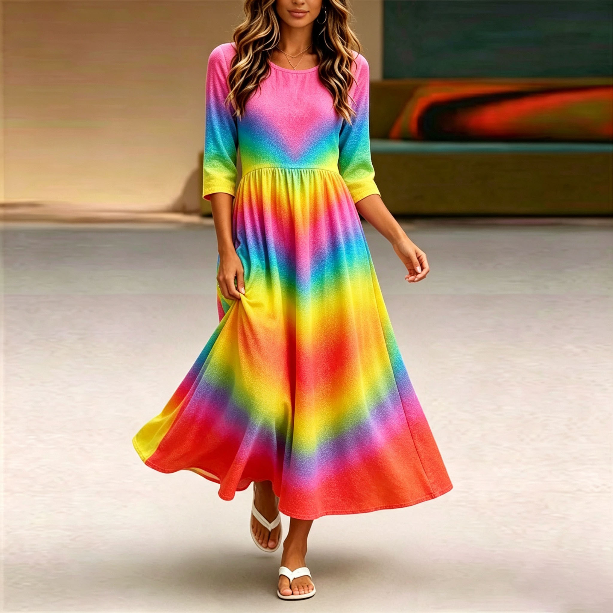 Women’s Rainbow Tie Dye Print Midi Dress – Mid-Length Sleeve Casual Loose Fit Long Dress with Pockets