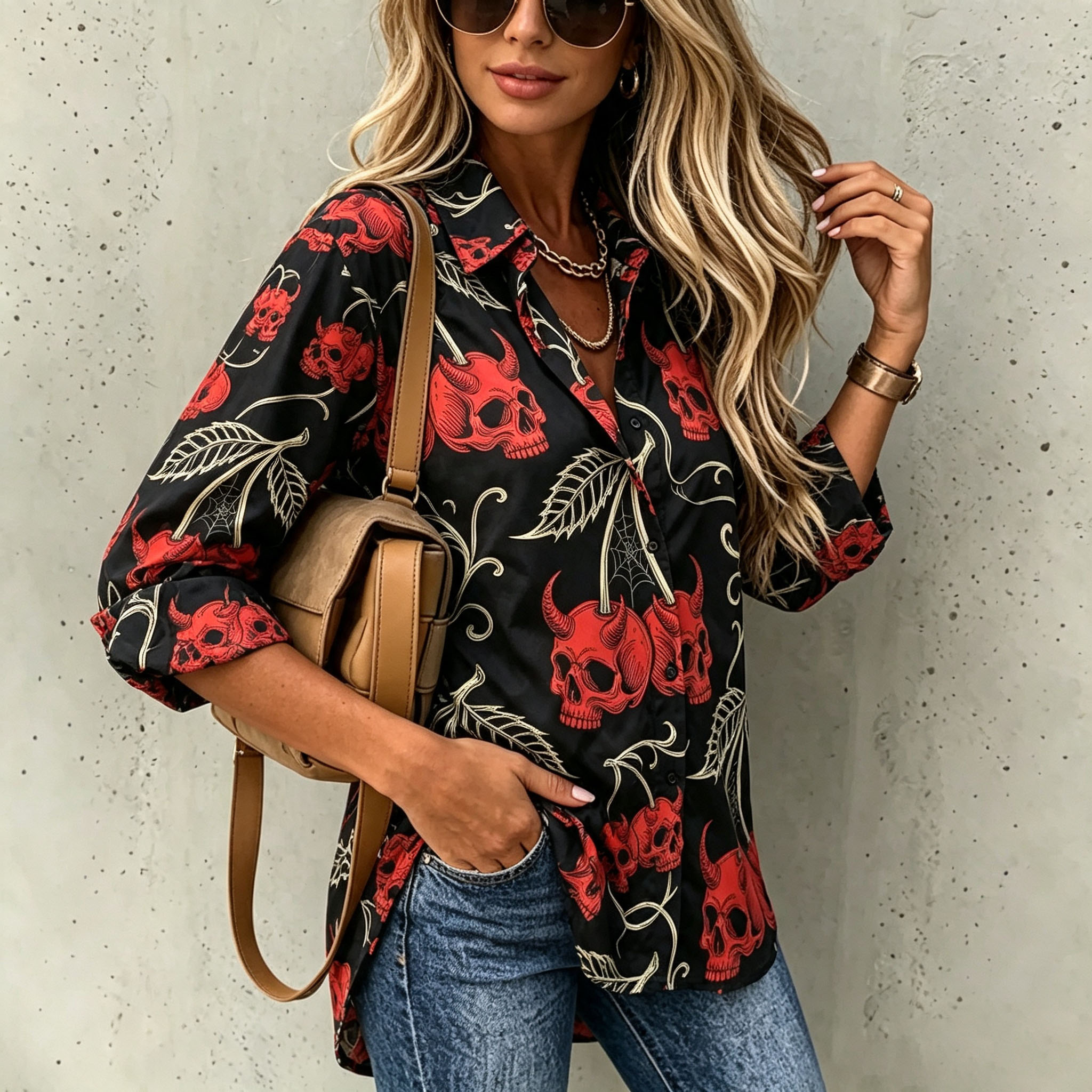 Elegant Special Edition Women's Printed Shirt - Long Sleeve Button- Shirt with Classic Collar, Suitable for Office, Commuting, or Formal Events, Office Attire, Sophisticated Casual