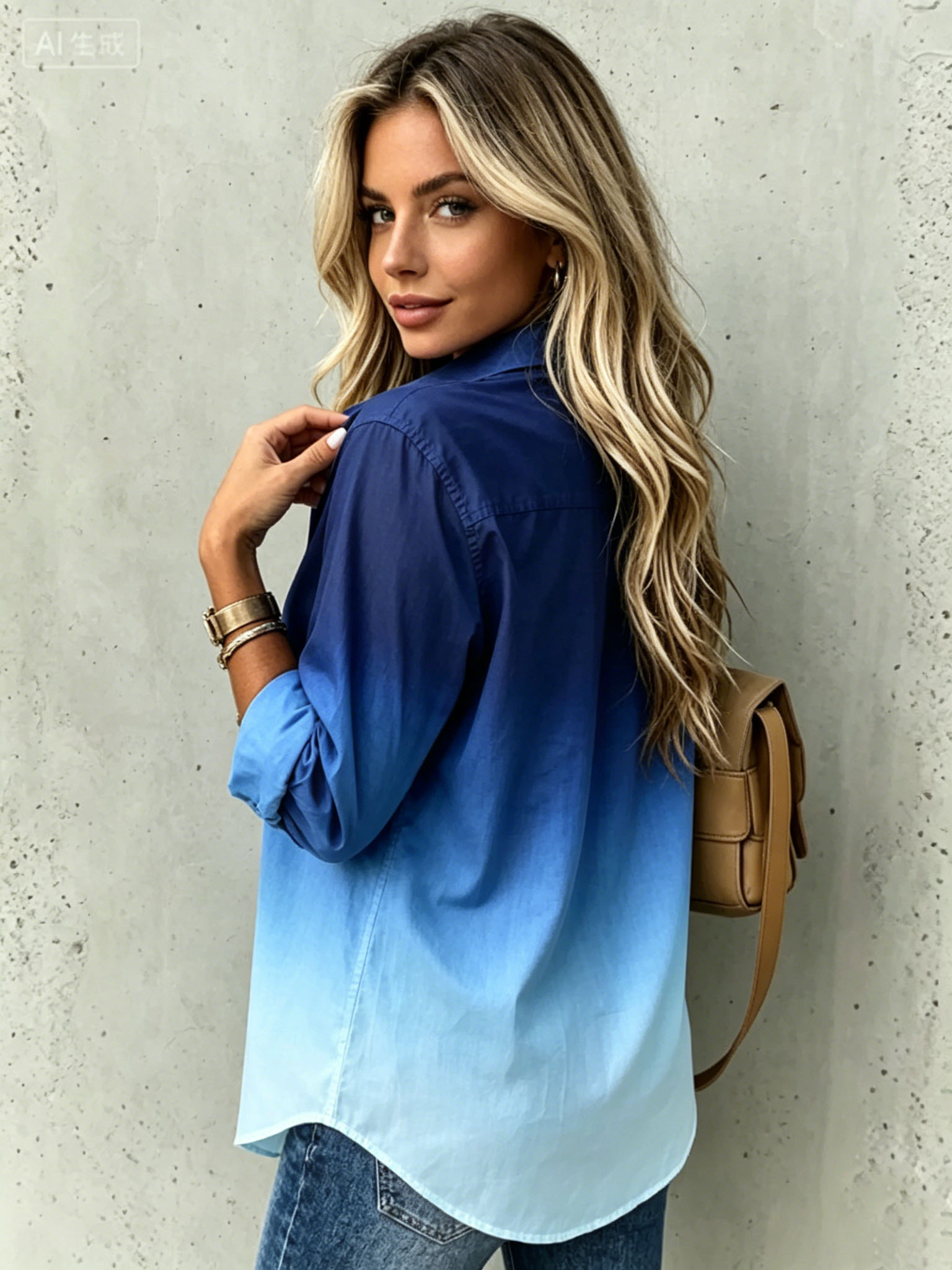 Women’s Ombre Blue Button Down Shirt – Elegant Long Sleeve Blouse with Casual Loose Fit