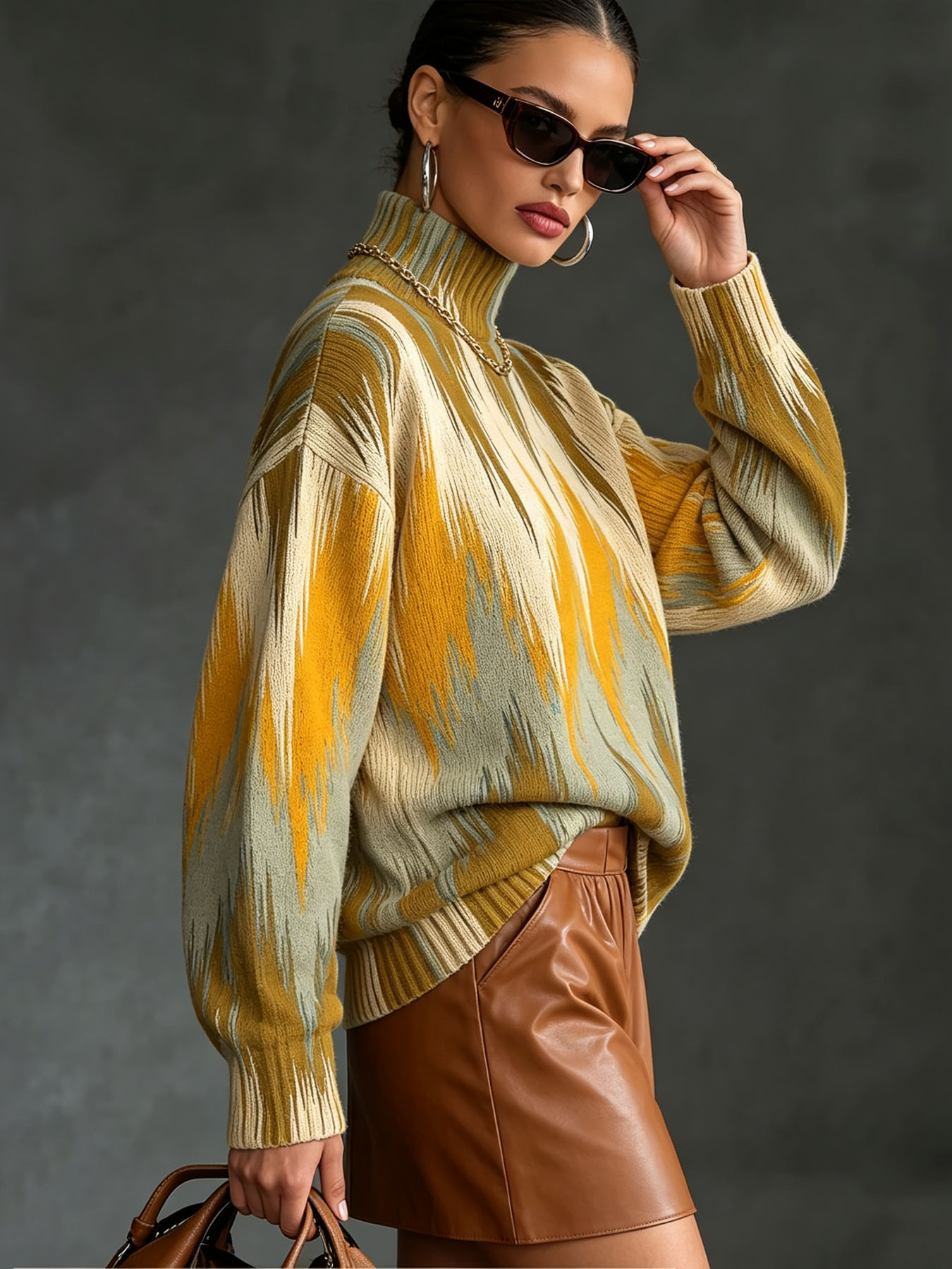  Women's High Neck Oversized Sweater, Abstract Ikat Print Loose Long Sleeve Casual Pullover Knit Top for Fall Winter