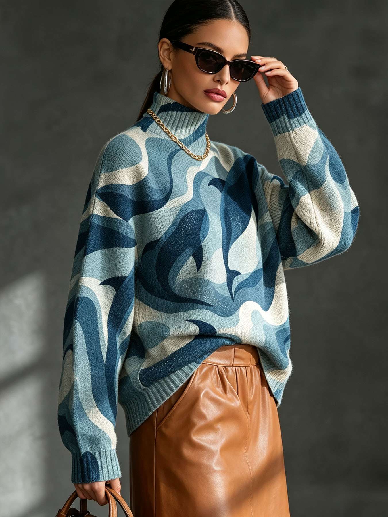 1. Women's Oversized Turtleneck Sweater, Ocean Dolphin Wave Print Long Sleeve Loose Casual Fall Winter Pullover Knit Top 2.