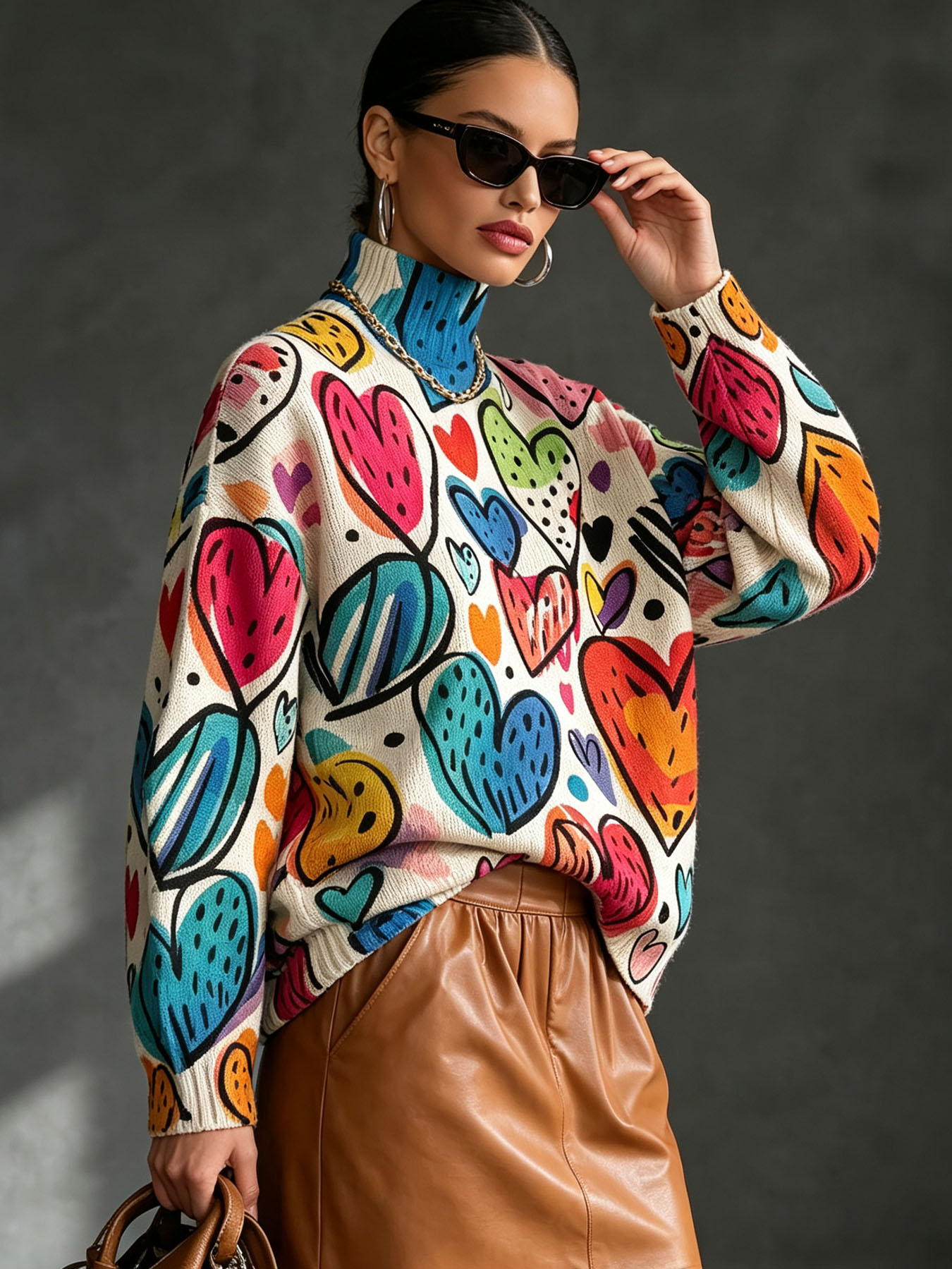 Women's Oversized Turtleneck Sweater, Colorful Graffiti Heart Print Long Sleeve Loose Casual Fall Winter Pullover Knit Top 2.