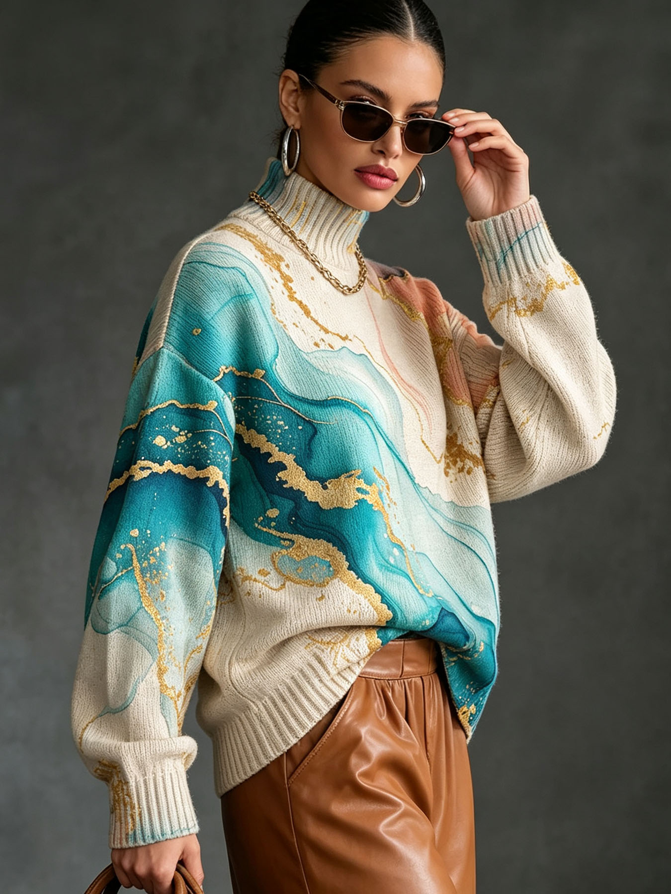  Women's Oversized Turtleneck Sweater, Marble Alcohol Ink Gold Foil Print Long Sleeve Loose Casual Fall Winter Pullover Knit Top 2.