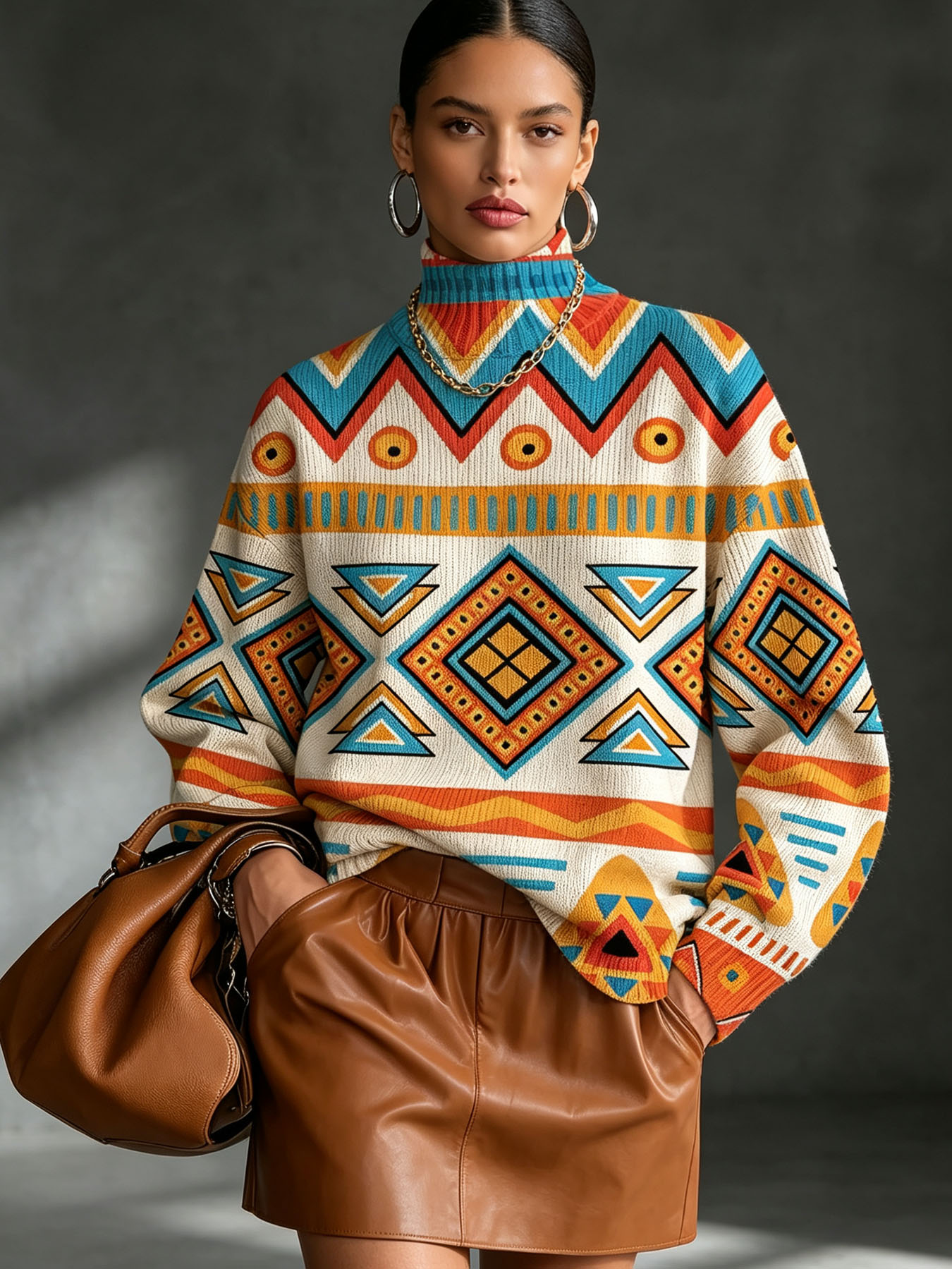 Women's Oversized Turtleneck Sweater, Bohemian Aztec Geometric Print Long Sleeve Loose Casual Fall Winter Pullover Knit Top