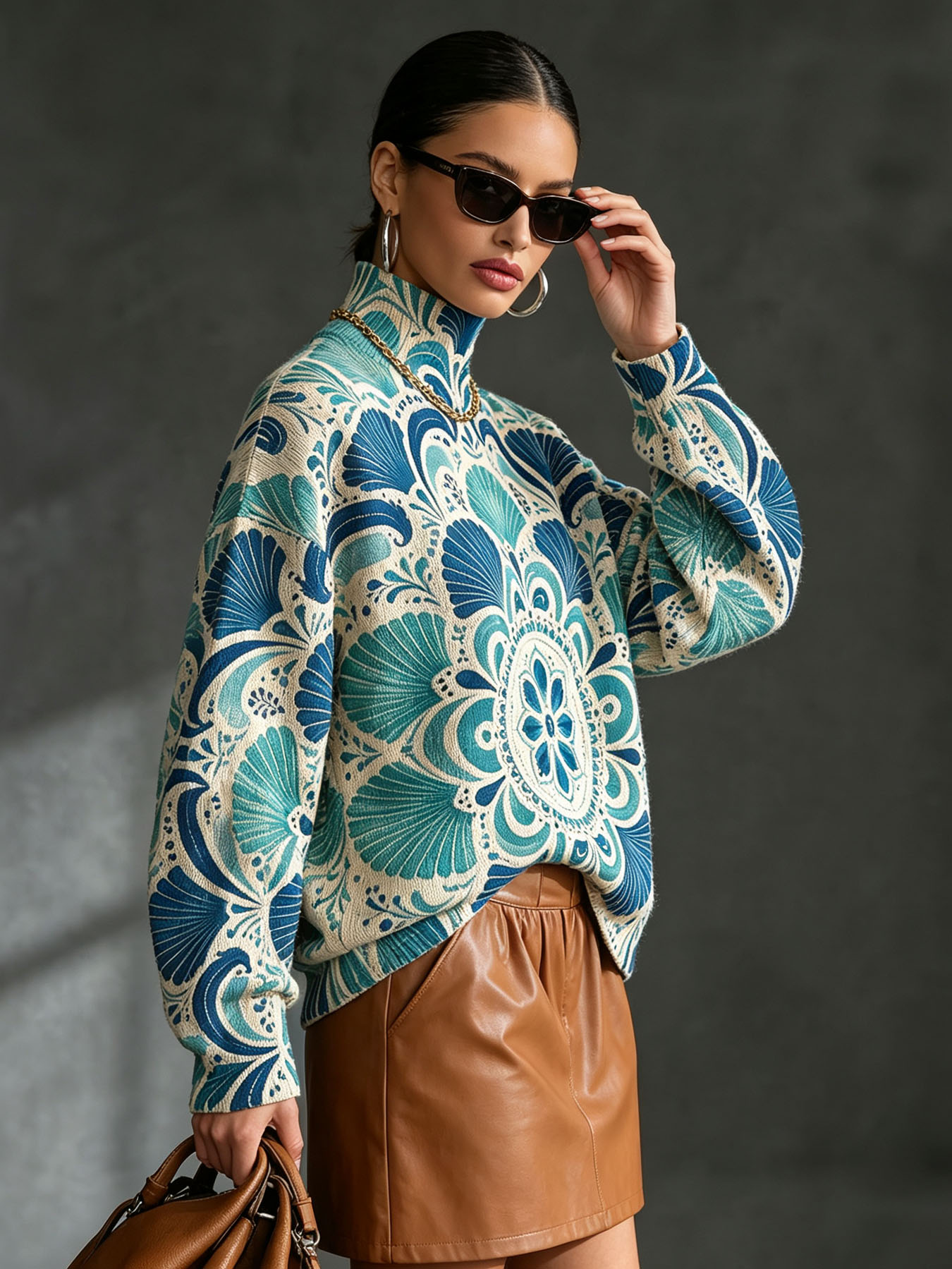 Women's Oversized Turtleneck Sweater, Boho Mandala Floral Print Long Sleeve Loose Casual Fall Winter Pullover Knit Top 2.