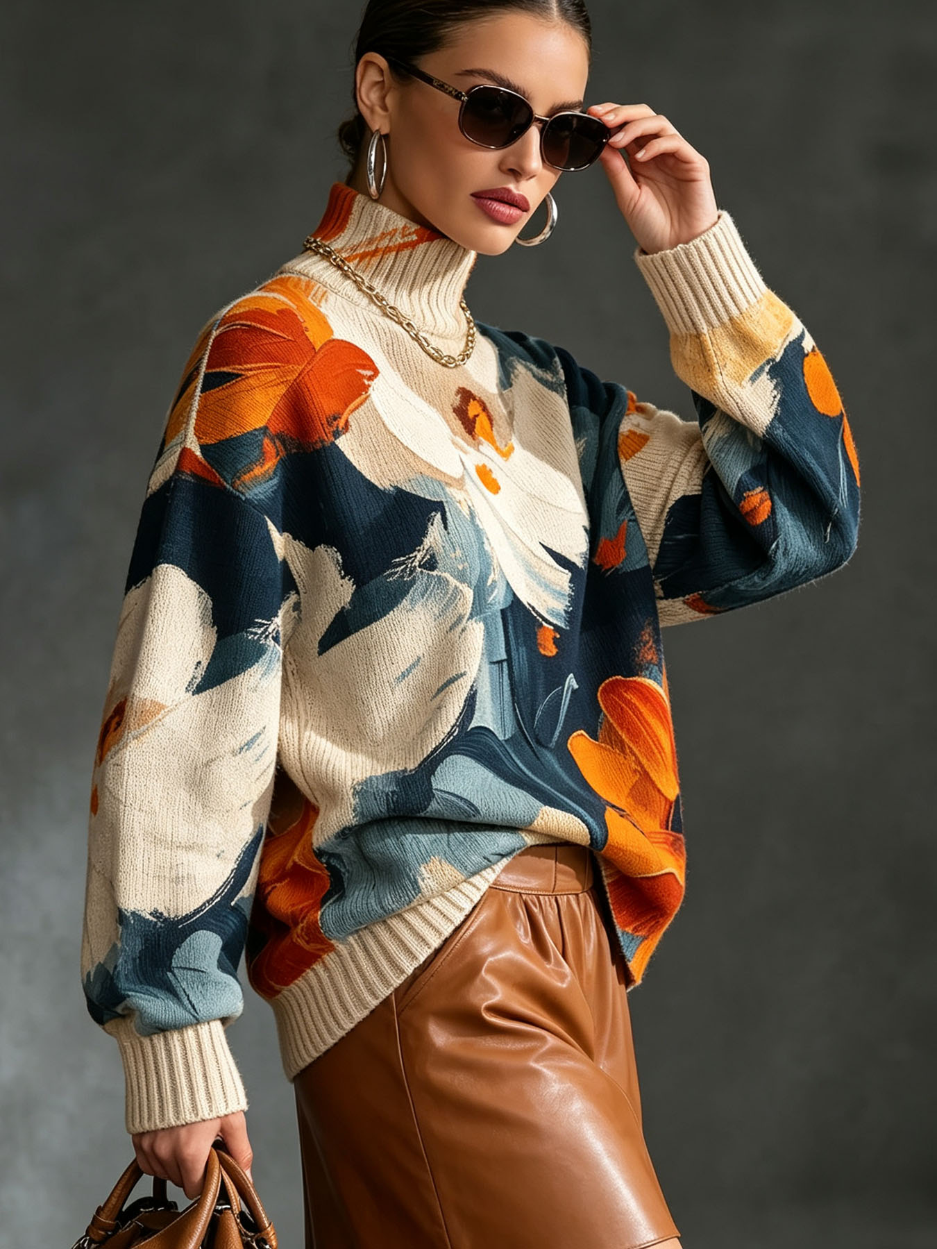 Women's Oversized Turtleneck Sweater, Abstract Oil Painting Floral Print Long Sleeve Loose Casual Fall Winter Pullover Knit Top 2.