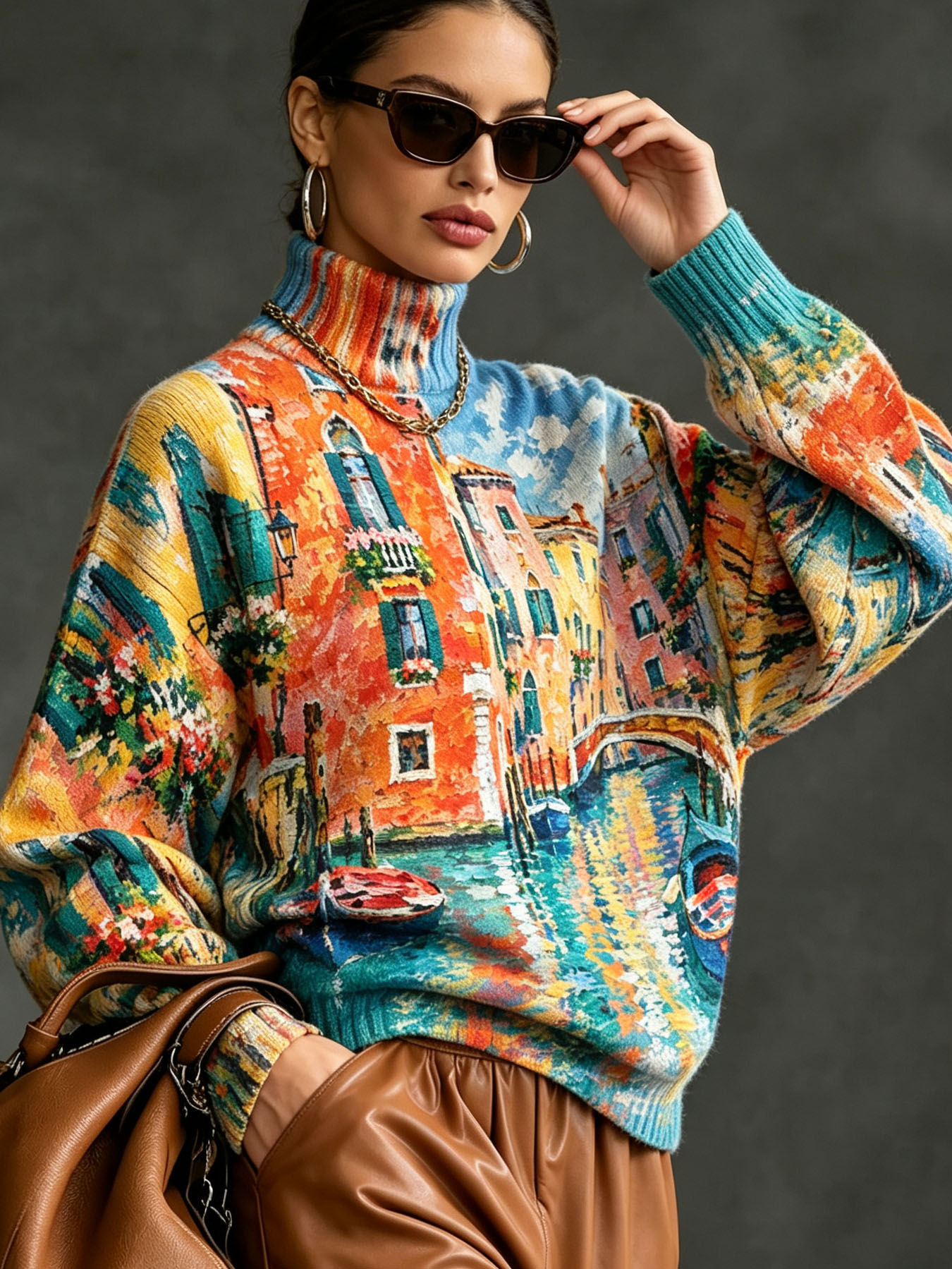 Women's Oversized Turtleneck Sweater, Venice Canal Oil Painting Print Long Sleeve Loose Casual Fall Winter Pullover Knit Top