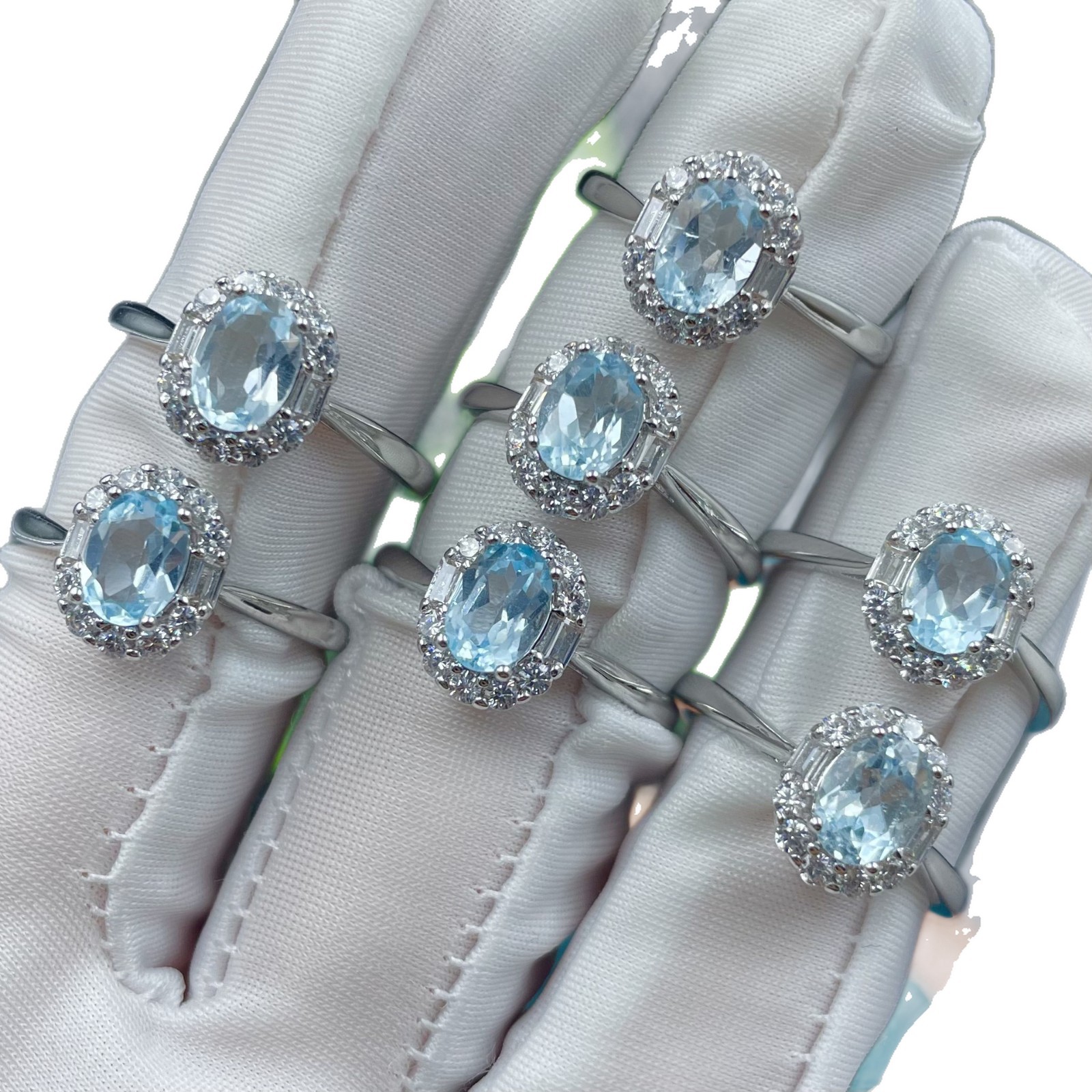 Oval Natural Sky Blue Topaz Halo Ring for Women, Copper Silver Plated Band with 5*7MM Faceted Gemstone, Baguette & Round Cubic Zirconia Border Vintage Cocktail Stackable Jewelry Gift