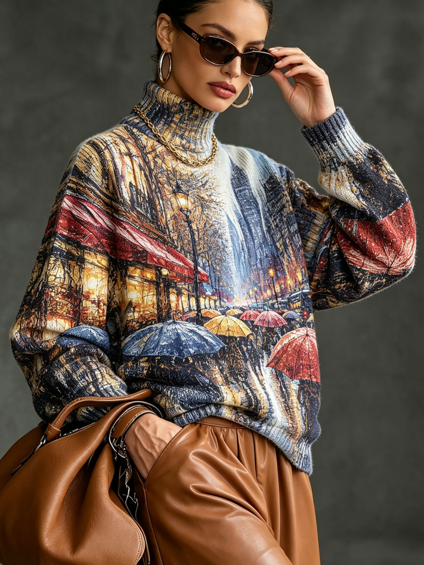 Women's Oversized Turtleneck Sweater, Rainy City Street Oil Painting Print Long Sleeve Loose Casual Fall Winter Pullover Knit Top 2.