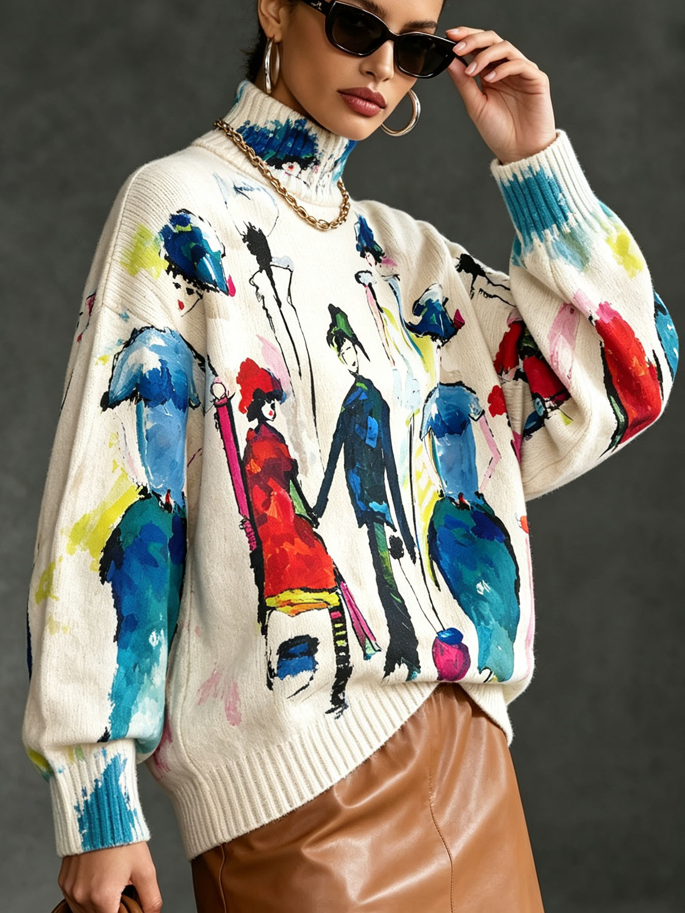 Women's Oversized Turtleneck Sweater, Abstract Art Figure Painting Print Long Sleeve Loose Casual Fall Winter Pullover Knit Top