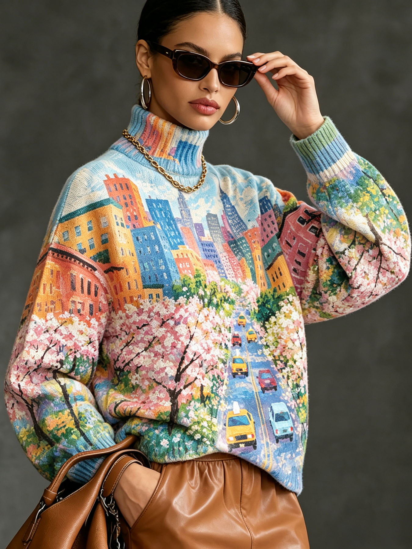 Women's Oversized Turtleneck Sweater, New York Cityscape Oil Painting Print Long Sleeve Loose Casual Fall Winter Pullover Knit Top