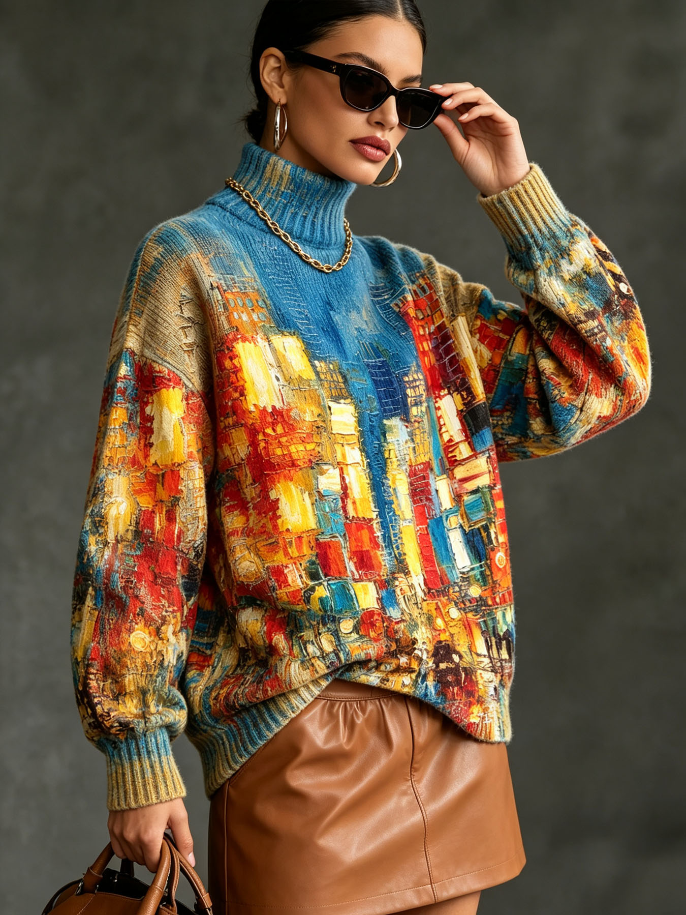 Women's Oversized Turtleneck Sweater, Abstract City Building Oil Painting Print Long Sleeve Loose Casual Fall Winter Pullover Knit Top 2.