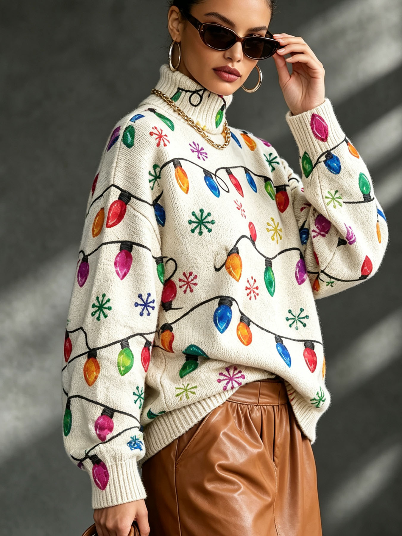 Women's Oversized Turtleneck Sweater, Christmas String Lights Snowflake Print Long Sleeve Loose Fall Winter Holiday Pullover Knit Top