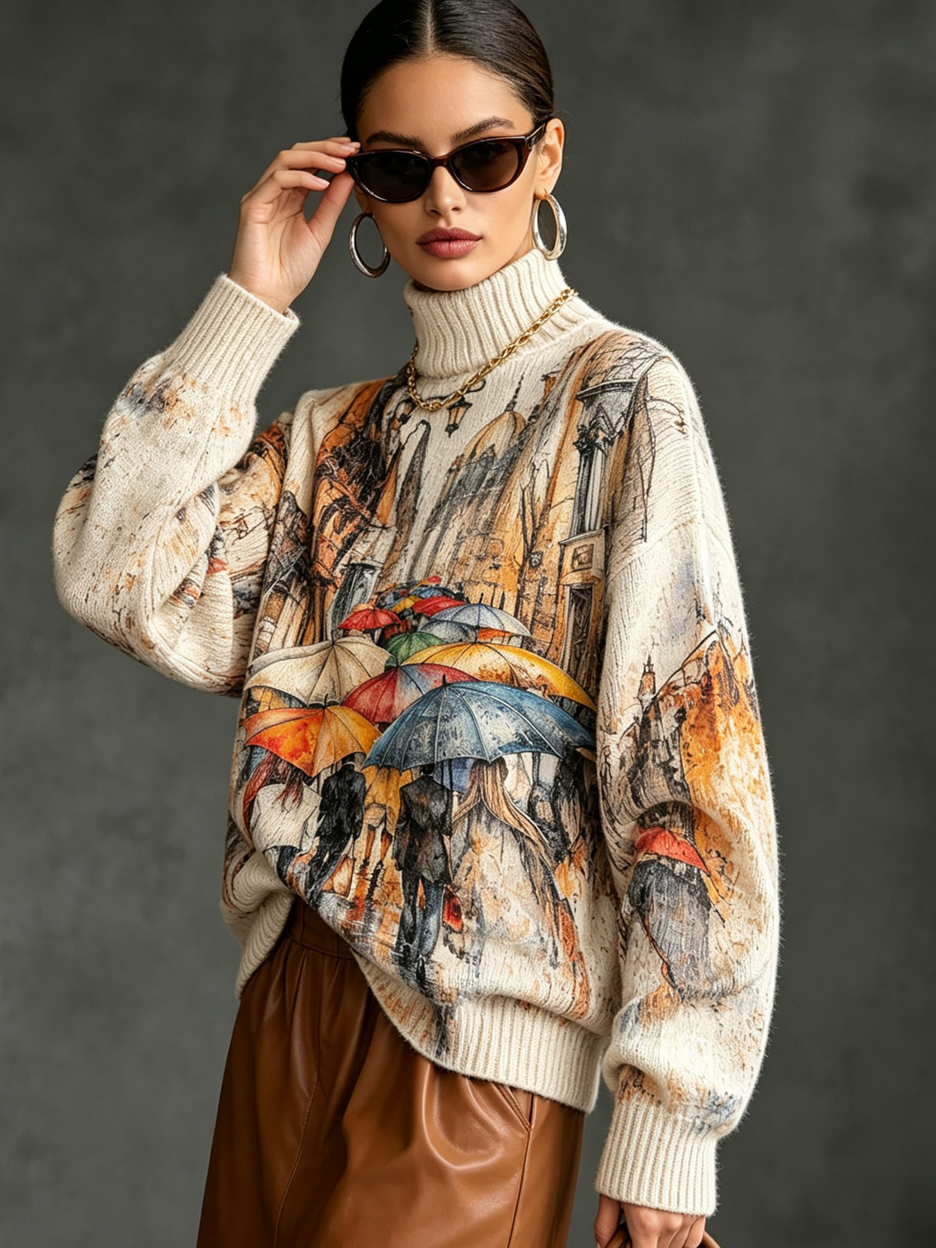 Women's Oversized Turtleneck Sweater, European Rainy Street Scene Oil Painting Print Long Sleeve Loose Casual Fall Winter Pullover Knit Top