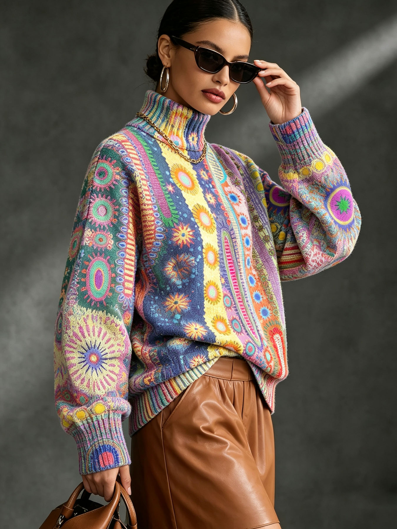Women's Oversized Turtleneck Sweater, Bohemian Ethnic Colorful Geometric Sun Print Long Sleeve Loose Casual Fall Winter Pullover Knit Top