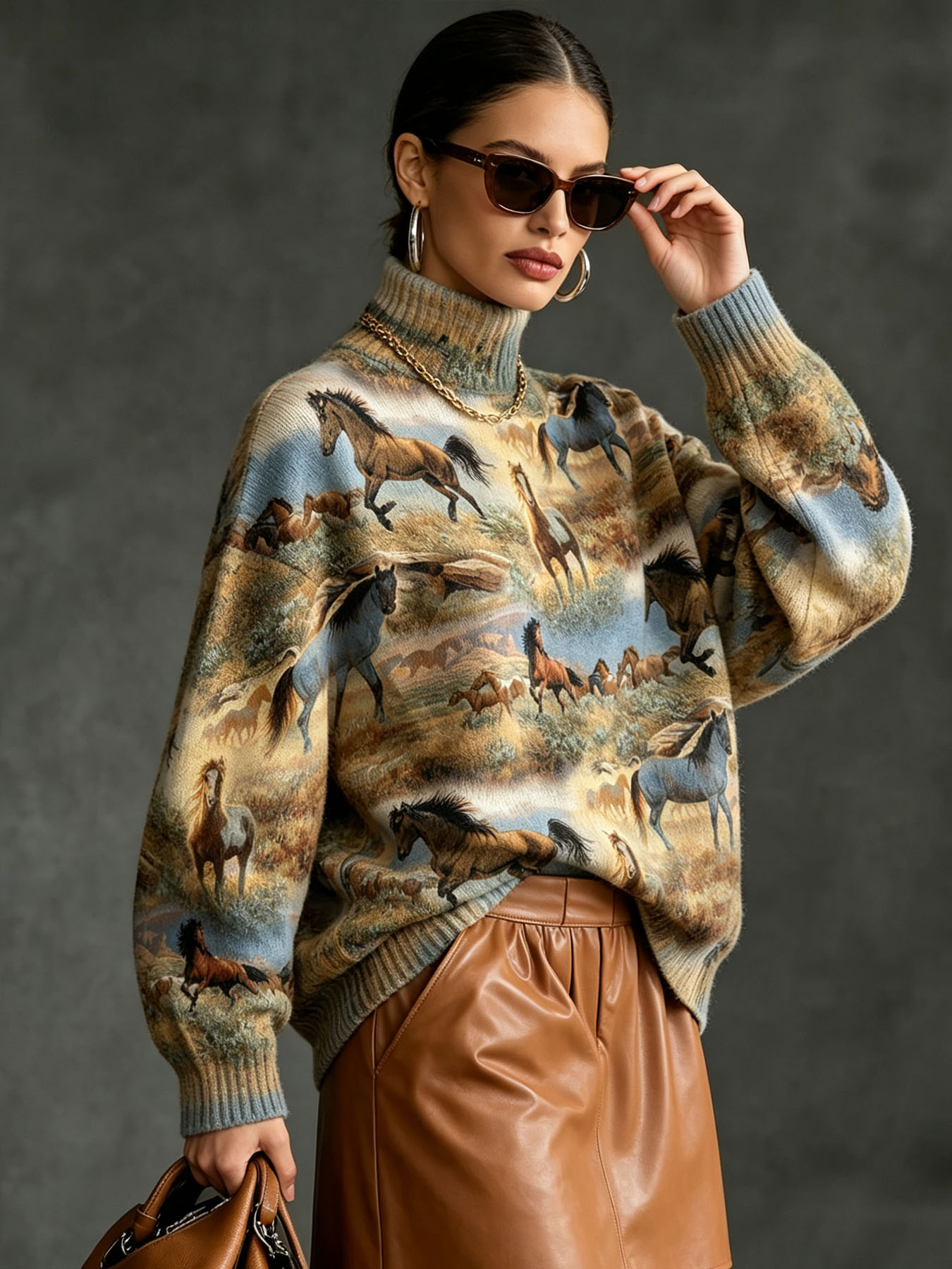 Women's Oversized Turtleneck Sweater, Wild Horses Prairie Landscape Oil Painting Print Long Sleeve Loose Casual Fall Winter Pullover Knit Top