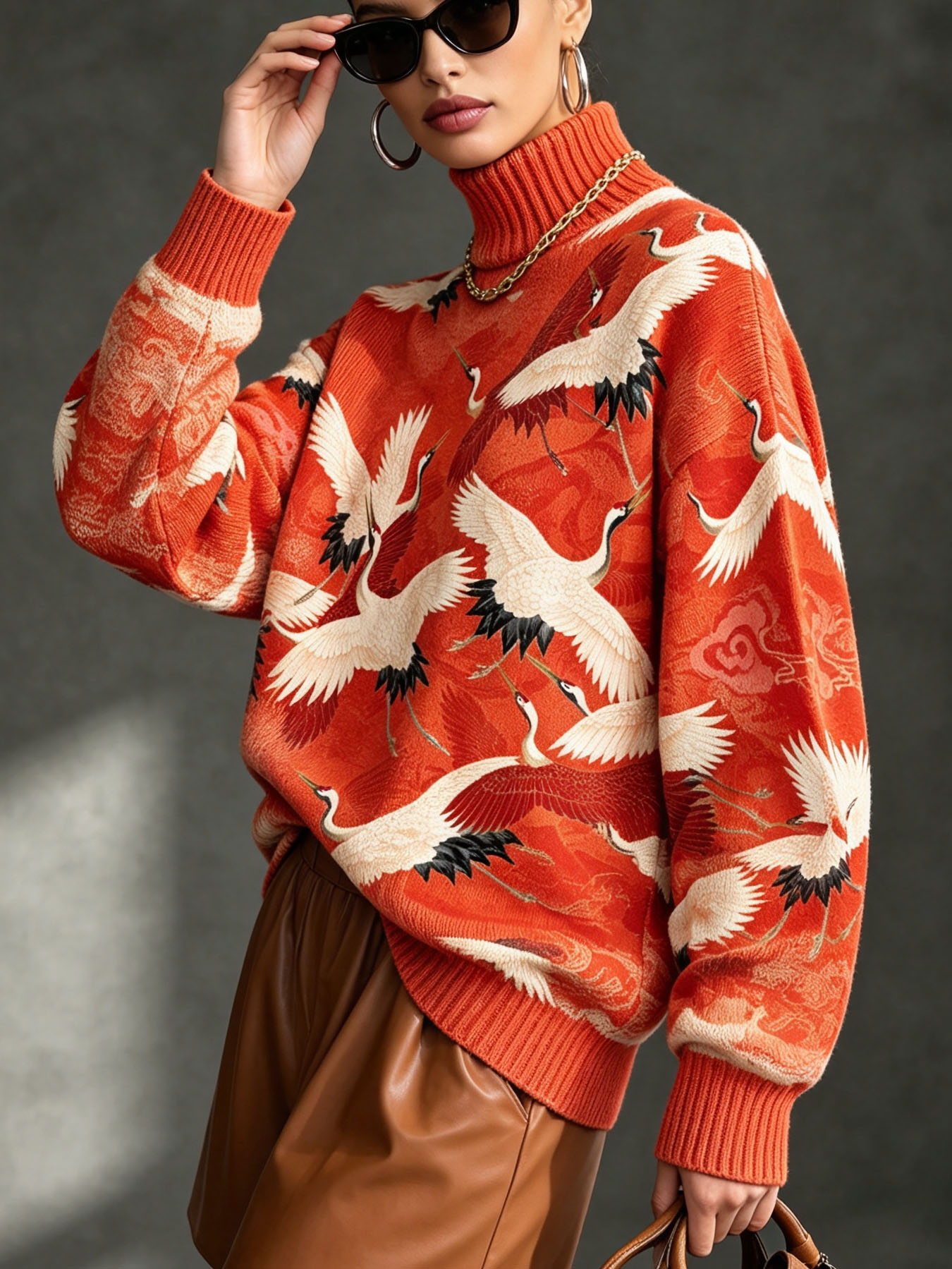Women’s Red Crane Print Sweater – Oversized Cozy Turtleneck Knit Top with Artistic Bird Design