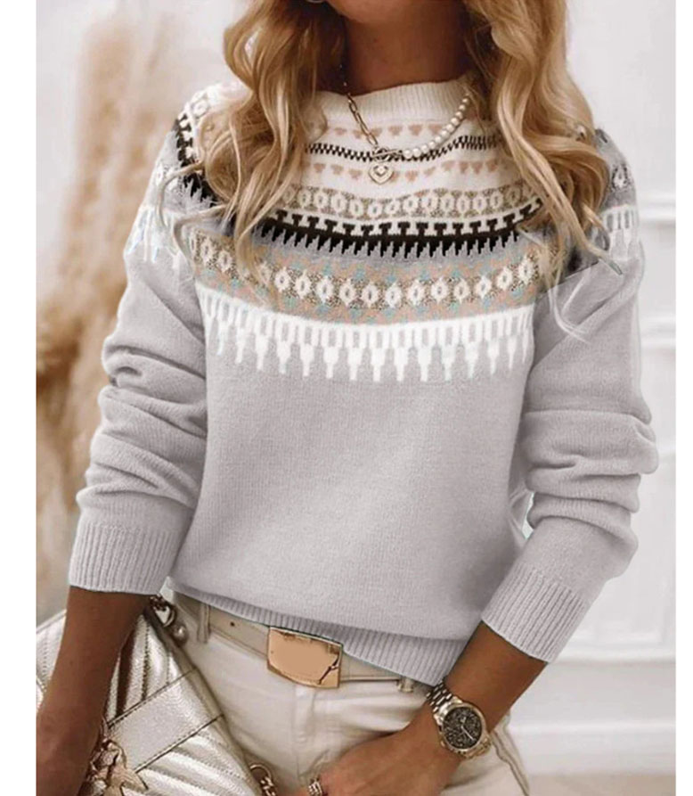 Women's Nordic Pattern Knit Sweater – Cozy Long Sleeve Pullover with Elegant Winter Print