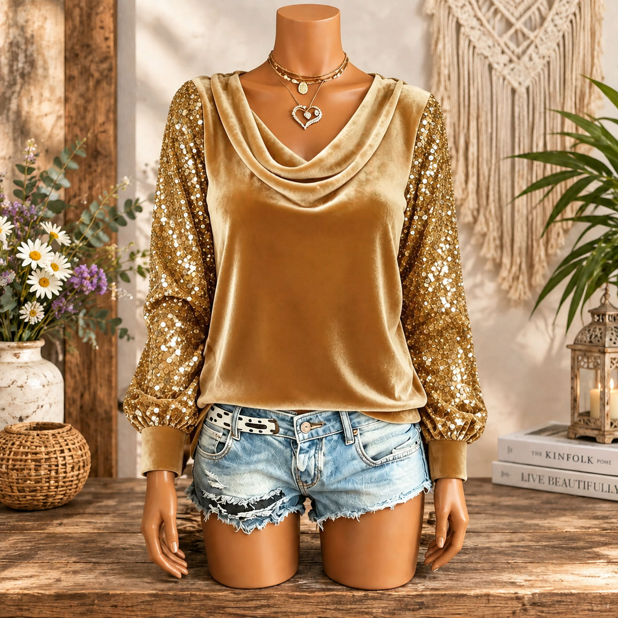 Women’s Velvet Cowl Neck Long Sleeve Top with Sequin Sleeves