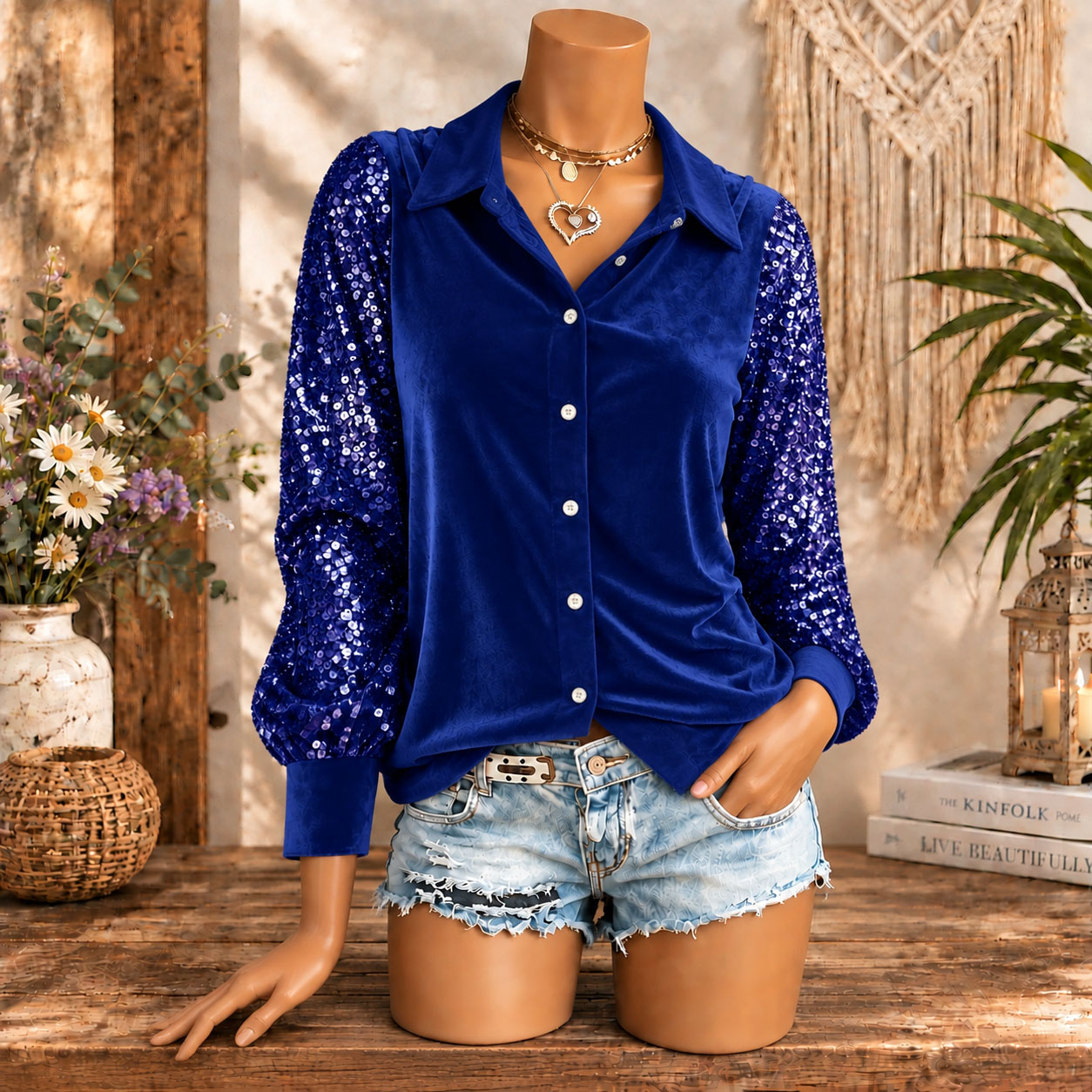 Women's Velvet Button Down Shirt Sequin Long Sleeve Blouse Elegant Sparkle Party Top Casual Luxury Shirt for Fall Winter