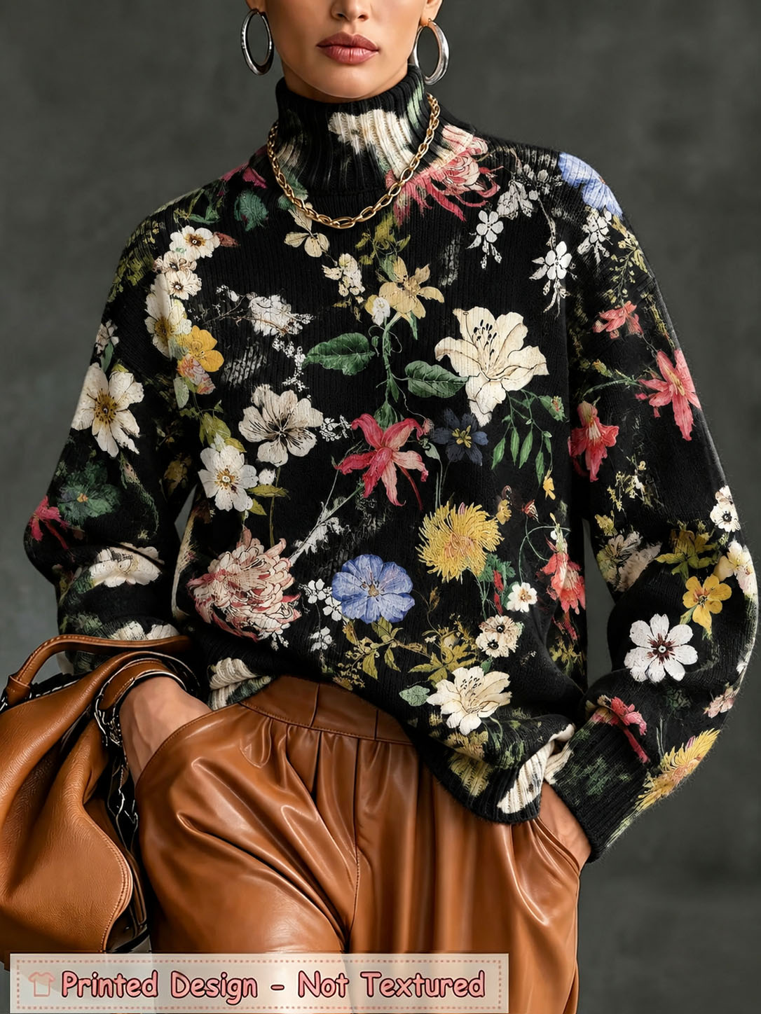 Women Floral Print Turtleneck Sweater, Long Sleeve Loose Fit Knit Pullover Vintage Flower Pattern Casual Fall Winter Jumper Tops