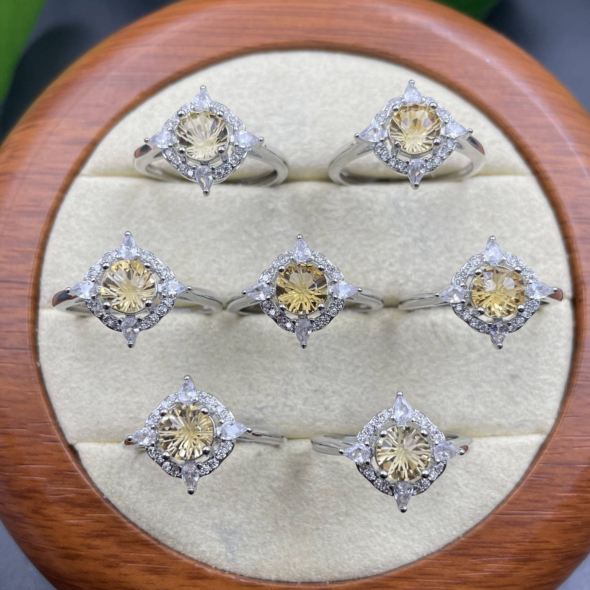 Round Fire Star Cut Natural Citrine Halo Ring for Women, Copper Silver Plated Slim Band with 6MM Faceted Honey Yellow Gemstone, Pear & Round Cubic Zirconia Four-Point Geometric Luxury Cocktail Statement Jewelry Gift for Birthday Wedding Anniversary