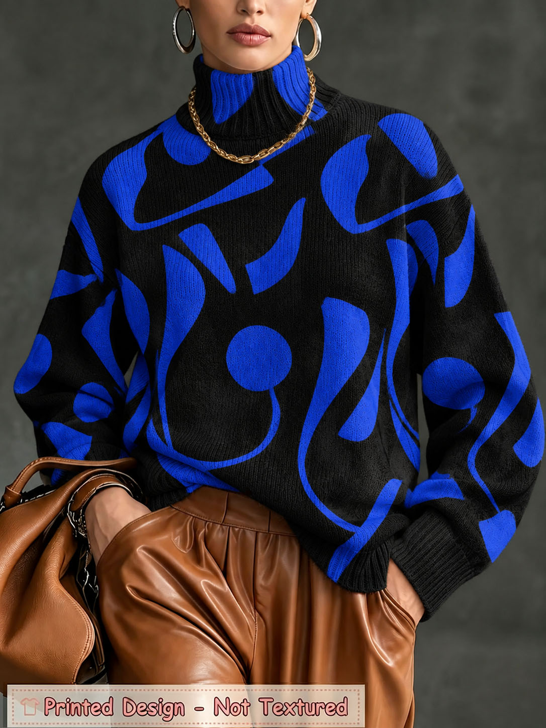 Women's Abstract Print Turtleneck Sweater, Blue Black Pattern Knit Pullover, Long Sleeve Oversized Casual Sweater Top for Fall Winter