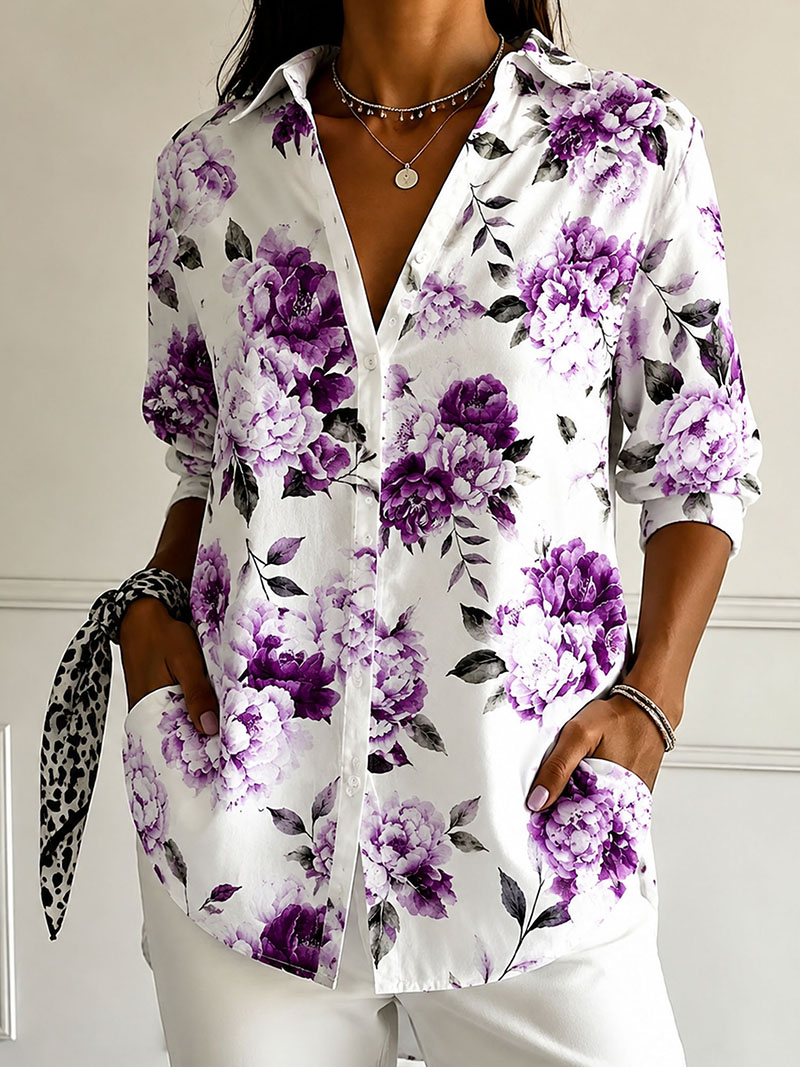 Women's Floral Print Button Down Shirt – Elegant Casual Blouse with Lightweight Polyester Fabric
