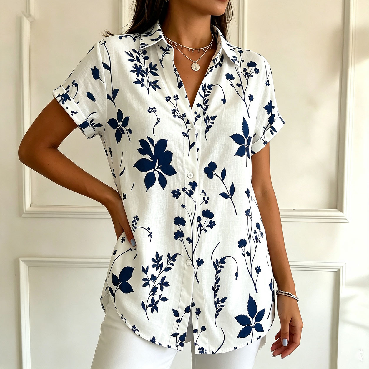 Women's Floral Print Button Down Shirt – Short Sleeve Casual Blouse with Collared Neck, Lightweight Loose Fit Summer Top