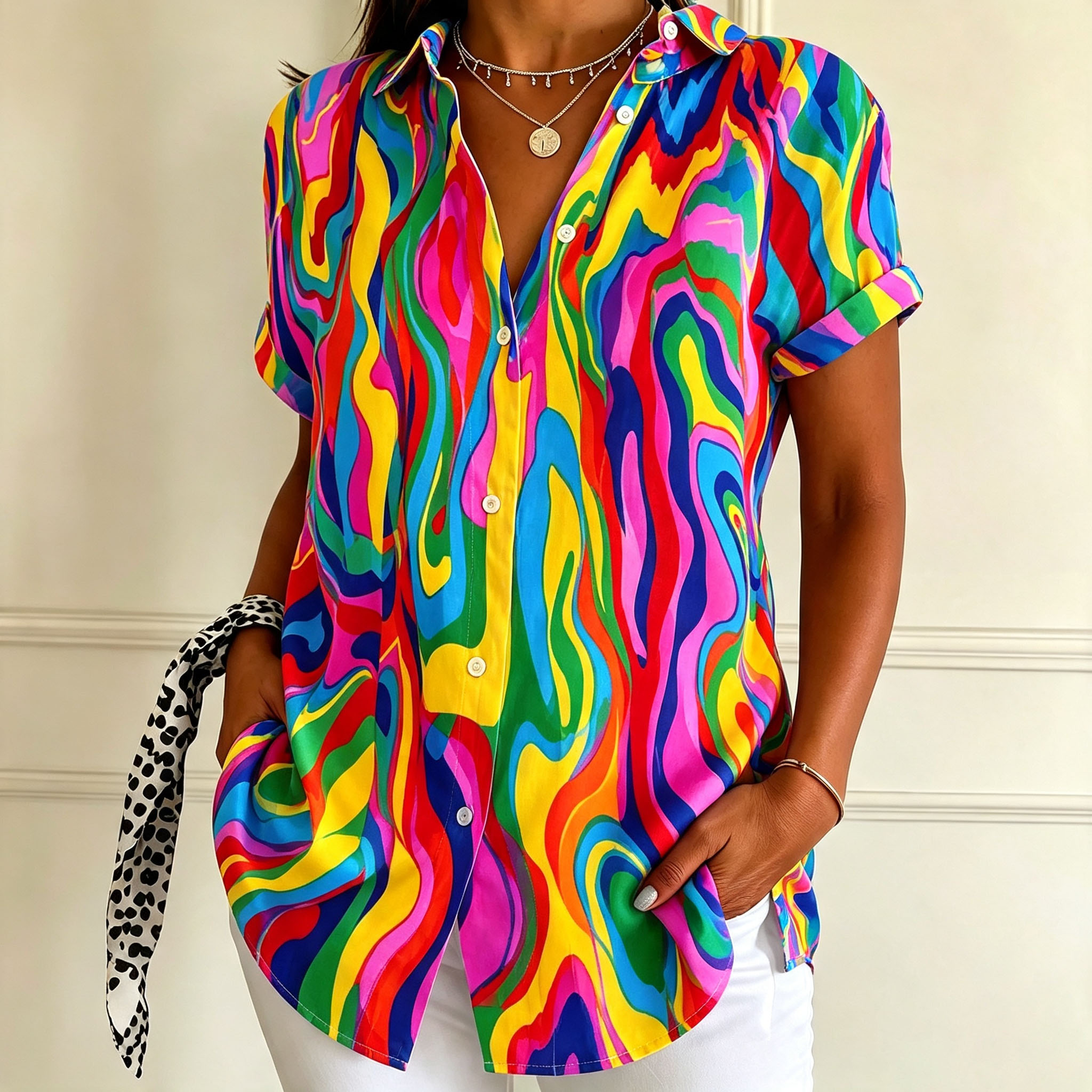 Women's Colorful Abstract Print Button Down Shirt – Short Sleeve Casual Blouse, Lightweight Polyester Top