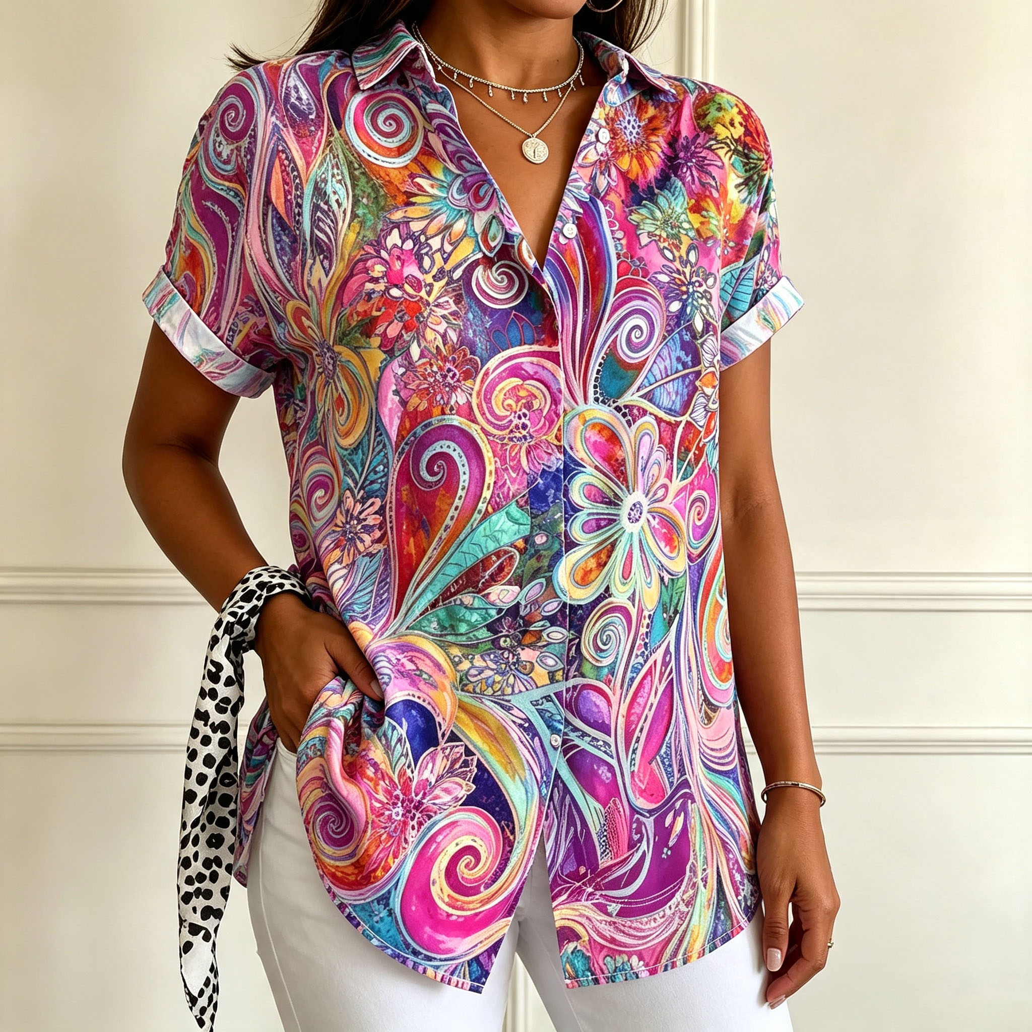 Women’s Colorful Floral Print Button Down Shirt, Short Sleeve Casual Blouse, Bohemian Abstract Art Top, Lightweight Summer Vacation Shirt