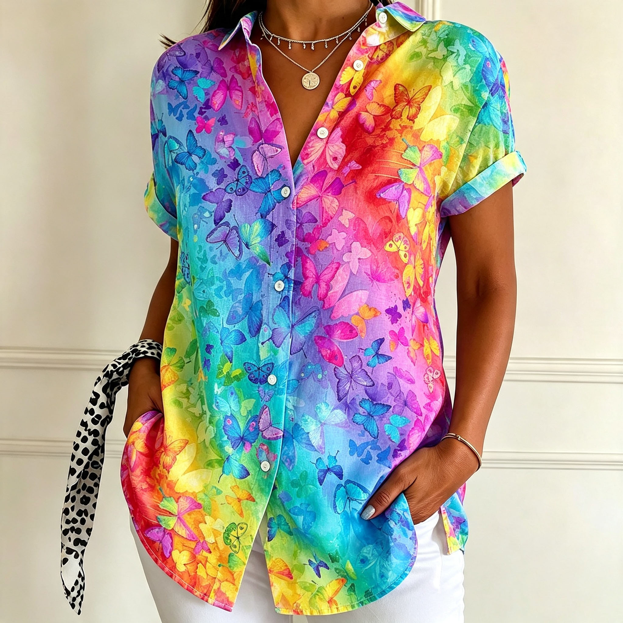 Women’s Colorful Butterfly Print Button Down Shirt – Short Sleeve Casual Blouse with Relaxed Fit for Summer Vacation & Everyday Wear