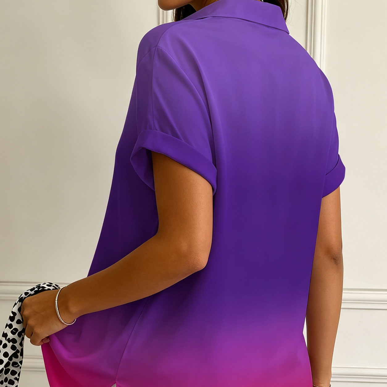 Women’s Button Down Shirts Short Sleeve Casual Blouse Gradient Color Tunic Tops Loose Fit V Neck Collared Shirt for Summer Vacation Work Office Wear-gemscharms